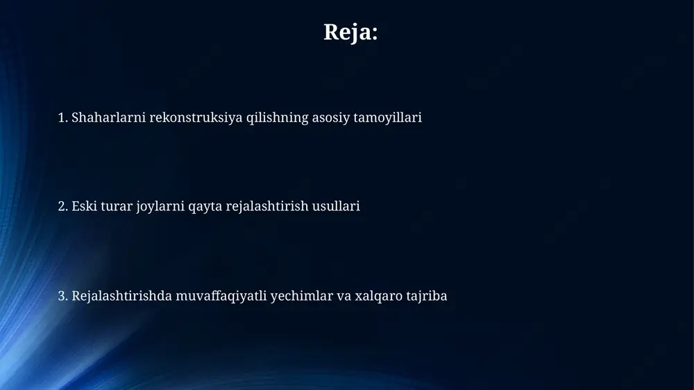 ish bosqichlari dastlabki bosqichda shaharsozlik hujjatlari, 1:500 dan 1:2000 gacha bo'lgan masshtabdagi topografik rejalar va muhandislik kommunikatsiyalari to'g'risidagi ma'lumotlar to'planadi va tahlil qilinadi. keyingi bosqichda mavjud binolarning texnik holati baholanadi, aholi o'rtasida so'rovlar o'tkaziladi va rekonstruksiya qilishning iqtisodiy samaradorligi bo'yicha dastlabki hisob-kitoblar amalga oshiriladi. xorijiy tajriba: shaharsozlikdagi ilg'or amaliyotlar germaniya eski binolarni energiyani tejaydigan standartlarga moslashtirish uchun 'kfw förderprogramme' kabi moliyaviy rag'batlantirish dasturlarini qo'llaydi, bu 40% gacha moliyalashtirishni ta'minlaydi. singapurda baland binolarni qayta qurishda 'plot ratio' bonuslaridan foydalaniladi, bu quruvchilarga ko'proq qavatlar qurishga ruxsat beradi, bu esa 30% ga kadar ko'payishni ta'minlaydi. xulosa va tavsiyalar: samarali rekonstruksiya strategiyalari eski turar joylarni rekonstruksiya qilishda 70% gacha energiya samaradorligini oshirish uchun issiqlik izolyatsiyasi va zamonaviy derazalarni o'rnatish zarur. rejallashtirishda 30%gacha yashil maydonlarni ko'paytirish, jamoat joylarini yaratish orqali aholining hayot sifatini yaxshilash maqsadga muvofiqdir. e'tiboringiz uchun rahmat image5.png image6.jpg image7.jpg image8.jpg image9.jpg image10.jpg image11.jpg image12.jpg image1.jpeg
