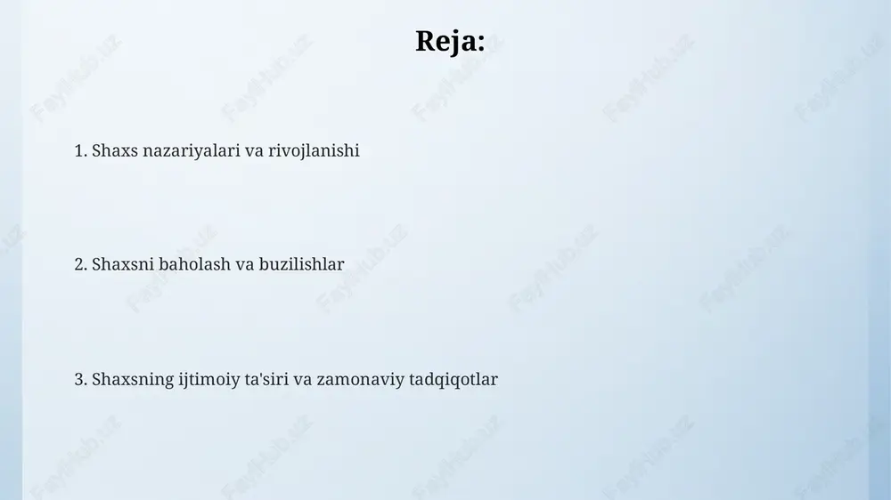 h uchun noaniq stimullarga javoblarini tahlil qiladi. shaxsiy so'rovnomalar, masalan, big five inventory (bfi), o'z-o'zini baholash orqali shaxsning 5 ta asosiy o'lchovini: nevrotizm, ekstraversiya, ochiqlik, kelishuvchanlik va vijdonlilikni o'lchaydi. kuzatuv usullari, masalan, bevosita kuzatuv, shaxsning xatti-harakatlarini tabiiy yoki laboratoriya sharoitida kuzatish orqali ma'lumot to'playdi va shaxsning xulq-atvor modelini baholashga yordam beradi. shaxs buzilishlari va ularning xususiyatlari antisotsial shaxsiyat buzilishi, odatda 15 yoshdan boshlab namoyon bo'ladi, qonunbuzarlik, aldamchilik va boshqalarning huquqlarini mensimaslik kabi xatti-harakatlar bilan tavsiflanadi. shaxsiyat buzilishlarining bir turi - chegaraviy shaxsiyat buzilishi, u o'ziga xos xususiyat sifatida 5 ta sohada beqarorlikni ko'rsatadi, xususan, shaxsiy munosabatlar va hissiyotlarda. shizotipik shaxsiyat buzilishi g'alati fikrlash, kechikishlar va o'ziga xos xatti-harakatlar bilan ajralib turadi, bu esa odamning ijtimoiy aloqalarga qiziqishini kamaytiradi (5-dsm tashxisi). shaxs va madaniyat: o'zaro ta'sir shaxsning madaniy identifikatsiyasi ijtimoiy guruhlar bilan aloqalarni shakllantiradi. 10 dan ortiq etnik guruhlar mavjud bo'lgan jamiyatlarda shaxsiyat madaniyatlararo munosabatlar orqali rivojlanadi. madaniyat, 90-yillarda shaxsning shakllanishiga …