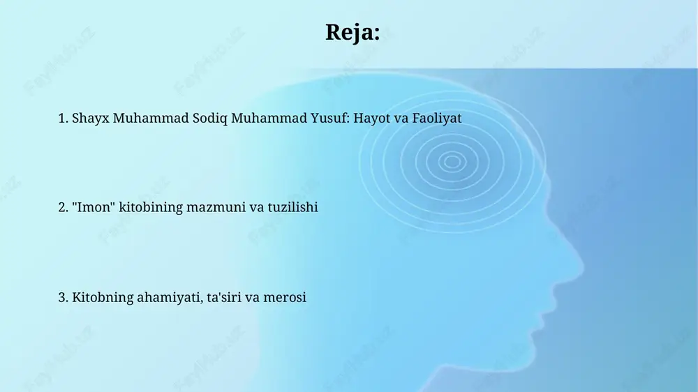 shunarli til ishlatilgan bo'lib, murakkab diniy tushunchalar 3 ta asosiy qismga bo'linib, keng o'quvchilar auditoriyasiga moslashtirilgan. muallifning uslubi dalillarga asoslangan, qur'on va sunnatdan 5 tadan dalillar keltirilgan va har bir fikrni isbotlash uchun ishonchli manbalarga murojaat qilingan. kitobga tanqidiy yondashuvlar, boshqa ulamolar fikri, tarjimalar, ta'siri va merosi ba'zi tanqidlar kitobning ayrim masalalarni yoritishda haddan ziyod soddalashtirilganligi, ayniqsa, murakkab aqidaviy bahslarda chuqurroq tahlil yetishmasligini ta'kidlaydi. ko'plab ulamolar shayx muhammad sodiqning islomiy bilimlarni keng ommaga yetkazishdagi xizmatlarini yuqori baholaydilar, ammo ayrimlar metodologiya borasida farqli fikrlarga ega. e'tiboringiz uchun rahmat image2.jpg image3.jpg image4.jpg image5.jpg image6.jpg image7.jpg image1.png