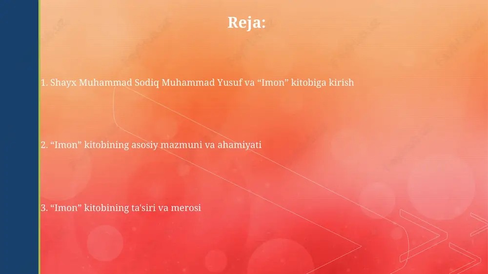 - bu imonning 6 rukni (allohga, farishtalarga, kitoblarga, payg'ambarlarga, oxiratga, taqdirga) amaliyotda namoyon bo'lishi, hayotga tatbiq etilishidir. muallifning ta'kidlashicha, imonning amaliy jihatlari kundalik hayotda namoz o'qish, ro'za tutish, zakot berish va haj qilish kabi 5 farzni ado etish orqali ko'rinadi. «imon» kitobining ta'siri va merosi «imon» kitobi musulmonlarning e'tiqodiy bilimlarini oshirishga katta ta'sir ko'rsatdi, ayniqsa, xx asr oxiri va xxi asr boshlarida diniy savodxonlikni rivojlantirishda muhim rol o'ynadi. shayxning merosi «imon» orqali keng tarqaldi. kitob, o'zbek tilida yozilgan bo'lib, islomiy aqidani tushuntirishda sodda va tushunarli uslubni namoyon etadi. e'tiboringiz uchun rahmat image4.jpg image5.jpg image6.jpg image7.jpg image8.jpg image9.jpg image2.png image3.png