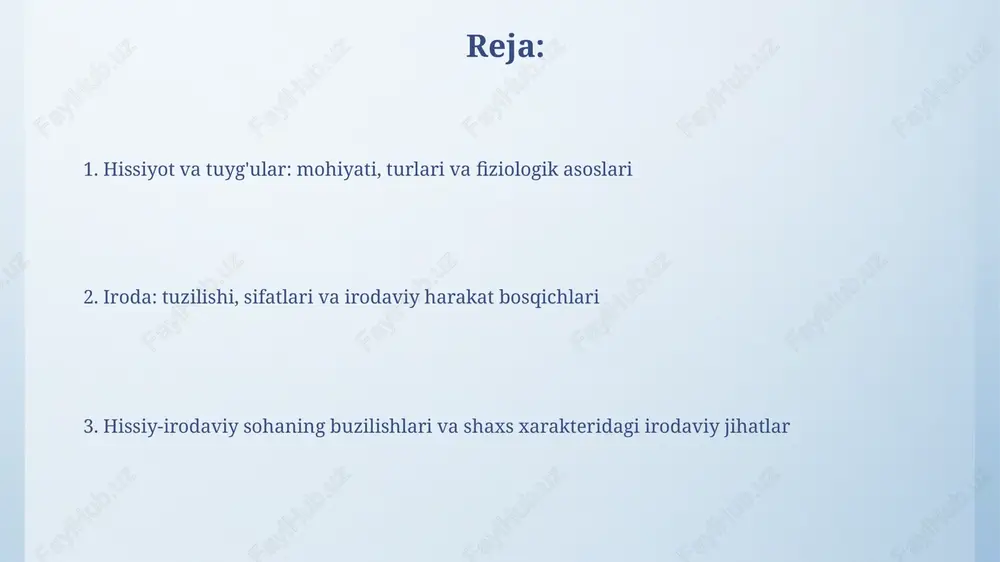 nlaydi. hissiyotlarning funksiyalari hissiyotlarning moslashuv funksiyasi organizmning tez o'zgaruvchan muhit sharoitlariga moslashishini ta'minlaydi, masalan, qo'rquv xavfdan qochishga yordam beradi va hayotni saqlaydi. hissiyotlarning kommunikativ funksiyasi odamlar o'rtasida o'zaro munosabatlarni o'rnatishga yordam beradi, masalan, tabassum do'stona munosabatni bildiradi va ijtimoiy aloqalarni mustahkamlaydi. hissiyotlarning rivojlanishi va shakllanishi emotsiyalar rivojlanishi neonatal davrdan boshlanadi, unda dastlabki reflekslar va fiziologik ehtiyojlar qondirilishi bilan bog'liq oddiy hissiyotlar, masalan, qoniqish yoki noqulaylik namoyon bo'ladi. 3 yoshdan 6 yoshgacha bo'lgan davrda, bolalar o'z hissiyotlarini anglashi va ifodalashni o'rganadi, shuningdek, boshqa odamlarning hissiyotlarini tushunish qobiliyatini rivojlantiradi, ya'ni emotsional intellekt shakllana boshlaydi. hissiy holatlar: kayfiyat, stress, affekt kayfiyat - bu uzoq davom etadigan, intensivligi past hissiy holat bo'lib, odatda aniq sababga ega emas, lekin kognitiv jarayonlar va xulq-atvorga sezilarli ta'sir ko'rsatadi. stress - bu organizmning har qanday talabga javobi bo'lib, gormonal o'zgarishlarni (kortizolning ko'payishi) va fiziologik o'zgarishlarni (qon bosimining oshishi) o'z ichiga oladi. tuyg'ularning xususiyatlari va turlari tuyg'ular ijtimoiy-tarixiy xarakterga …