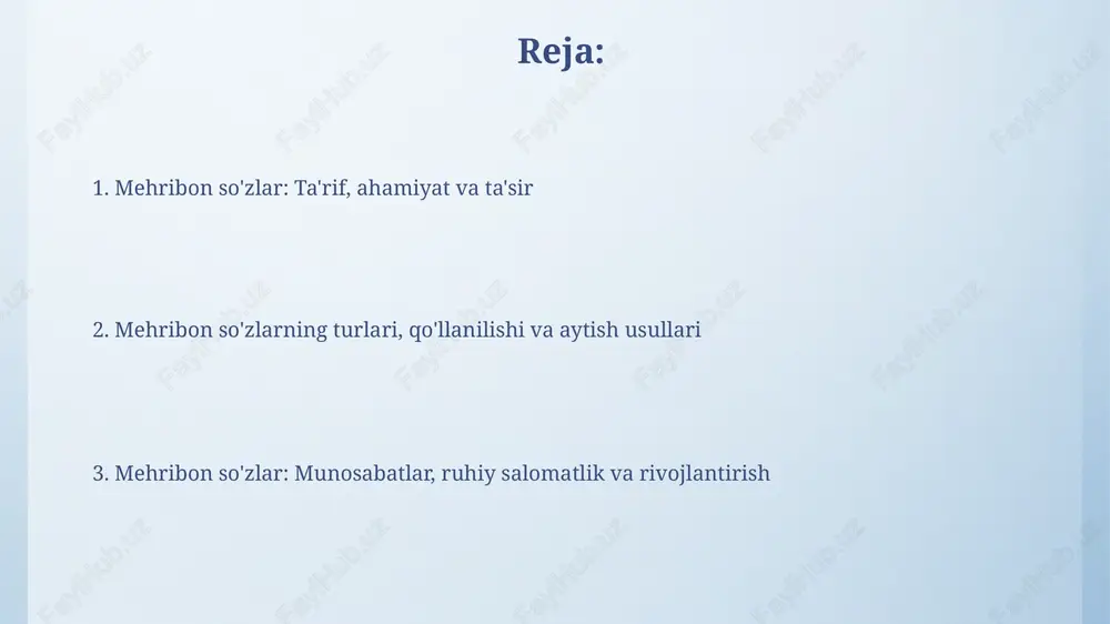 i muvaffaqiyatlar uchun zamin yaratadi. munosabatlarda 5 ta 'sevgi tili'ni hisobga olgan holda, mehrli so'zlar ishlatilganda, norozilik 15% ga kamayadi va o'zaro hurmat 25% ga ortadi, bu munosabatlarni mustahkamlaydi. mehrli so'zlarning ruhiy salomatlikka ta'siri va salbiy oqibatlari mehrli so'zlar stress gormoni, kortizolni kamaytirib, miyadagi neyrotransmitterlar, masalan, serotonin darajasini oshiradi va kayfiyatni 20-30% ga yaxshilaydi. tanqidiy so'zlar depressiya xavfini 1.5-2 barobarga oshirishi mumkin, ayniqsa, o'ziga past baho beradigan shaxslarda bu holat yanada kuchayadi. mehrli so'zlash qobiliyatini rivojlantirish yo'llari empatiya mashqlari orqali fikrlarni boshqalar nuqtai nazaridan tushunishni o'rganing. misol uchun, har kuni kamida uchta odamning his-tuyg'ularini anglashga harakat qiling. “minora usuli”dan foydalanib, biror vaziyatdagi ijobiy jihatlarni topishga odatlaning. har bir muammoning kamida ikki-uchta yaxshi tomonini ko'rishga intiling. e'tiboringiz uchun rahmat image4.png image5.jpg image6.jpg image7.jpg image8.jpg image9.jpg image10.jpg image11.jpg image1.jpeg
