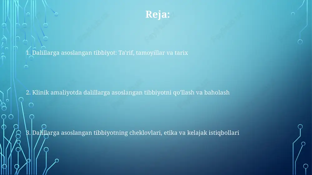 illarni integratsiyalash bemorlarning klinik ko'rsatkichlarini yaxshilaydi va davolash xarajatlarini oqilona boshqarishga yordam beradi. dalillarni baholash usullari cochrane collaboration asboblaridan foydalanish tizimli sharhlarda xatolar xavfini baholashga yordam beradi, bu esa natijalarning ishonchliligini aniqlashda muhimdir. meta-tahlil ma'lumotlarni birlashtirib, statistik quvvatni oshiradi; i2 statistikasi heterojenlik darajasini o'lchaydi, bu natijalarni talqin qilishda muhim ahamiyatga ega. grade usuli dalillarning sifatini (yuqori, o'rta, past, juda past) baholaydi, shuningdek, tavsiyalarning kuchini (kuchli yoki zaif) aniqlaydi. bemorlar bilan muloqotda dalillarga asoslangan tibbiyot shifokor bemorga 3 ta ehtimoliy davolash usullarini tushuntirib berishi, har bir usulning 95% ishonch oralig'idagi foydalari va xavflarini aniq taqdim etishi muhim. dalillarga asoslangan tibbiyot bemorlar bilan muloqotda 5 ta asosiy savolga javob berishni talab qiladi: bemorning qiymatlari, afzalliklari va klinik holati hisobga olinishi shart. muloqotda dalillarga asoslanganlik bemorga kasallik haqida 70% ma'lumot berishni, uning istaklarini aniqlashni va davolash bo'yicha birgalikda 100% qaror qabul qilishni o'z ichiga oladi. dalillarga asoslangan tibbiyotda etika masalalari dalillarga asoslangan amaliyotda …