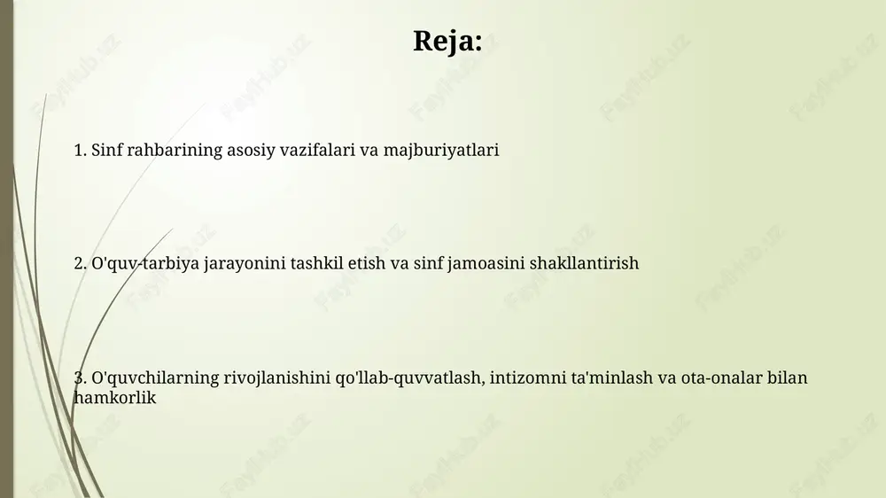 b kasbga yo'naltirish ishlarida faol ishtirok etishga undash orqali o'quvchilar motivatsiyasini oshirish mumkin. sinf jamoasini shakllantirish sinf jamoasini shakllantirishda 5-7 yoshli o'quvchilar uchun o'yinlar orqali guruhda ishlash ko'nikmalarini rivojlantirish, hamjihatlikni mustahkamlash muhim ahamiyatga ega. sinf jamoasini shakllantirishda 10-12 yoshli o'quvchilar uchun turli loyihalar va tadbirlar tashkil etish, ularning jamoaviy ish qobiliyatini oshirish, liderlik xususiyatlarini rivojlantirish lozim. o'quvchilarning shaxsiy rivojlanishini qo'llab-quvvatlash sinf rahbari har bir o'quvchining individual qobiliyatlarini aniqlash va 360 daraja baholash orqali ularning shaxsiy rivojlanish dasturlarini tuzishga yordam beradi. o'quvchilarga o'zlarining kuchli va zaif tomonlarini aniqlash, smart maqsadlarni qo'yish va ularga erishish uchun shaxsiy mentoring va maslahat berish muhim. intizom va tartibni ta'minlash sinf rahbarlari 1-darajali qoidabuzarliklarni bartaraf etish uchun ogohlantirishlar beradi va o'quvchilarning xatti-harakatlarini nazorat qilish orqali intizomni mustahkamlaydi, shu bilan birga maktab nizomini buzilishini kamaytiradi. intizomiy choralar (masalan, 5 daqiqa darsdan chetlatish) o'quvchilarning xatti-harakatlarini tuzatishga qaratilgan bo'lib, ular sinf qoidalariga rioya qilishga va o'z xatolarini tushunishga yordam …