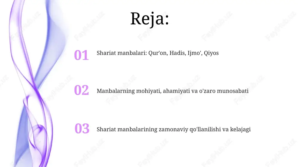 agan masalalarni hal qilish uchun 4 asosiy elementdan (asl, far', hukm, illat) foydalanadilar, bu usul 3-manba sifatida muhimdir. ulamolar qur'on va hadis matnlarini tushunishda arab tili grammatikasi (nahv, sarf) va adabiyot uslublarini (balog'at) qo'llashadi, bu esa 2 asosiy manba mazmunini aniqlashga yordam beradi. zamonaviy davrda shariat manbalarining qo'llanilishi zamonaviy davrda qur'on va hadis sharhlarining xilma-xilligi ortib, 21-asr muammolarini hal qilishda yangi tushunchalar paydo bo'lmoqda. ijmo'ning qo'llanilishi milliy davlatlar suvereniteti va global muammolar tufayli cheklangan, lekin ictimoiy masalalarda ictimoiy kelishuvga erishishda muhim. tanqid, munozaralar va shariat manbalarining kelajagi shariat manbalarini tanqid qilishda ayrim olimlar hadislarning ishonchliligi (masalan, hadis ilmi) va quronning talqini bo'yicha turli xil qarashlarni asos qilib oladilar. zamonaviy dunyoda shariat manbalaridan foydalanishda yangi masalalar paydo bo'lmoqda, xususan, 21-asr texnologiyalari va ijtimoiy o'zgarishlarga oid fatvolar chiqarishda qiyinchiliklar mavjud. e'tiboringiz uchun rahmat image4.png image5.jpg image6.jpg image7.jpg image8.jpg image9.jpg image10.jpg image11.jpg image1.jpeg image2.jpeg image3.jpeg
