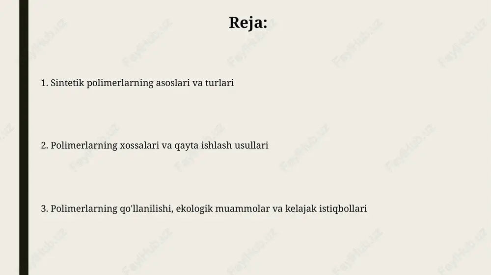 flanadi. termoplastiklar 200 daraja haroratda qayta eritilib, qayta shakllantirilishi mumkin, termoreaktivlar esa qizdirilganda o'zgarmas bog'lanishlar hosil qiladi. asosiy sintetik polimerlar va ularning xususiyatlari polietilen (pe) arzon va moslashuvchan bo'lib, qadoqlashda keng qo'llaniladi, ammo uning past haroratga chidamliligi -20°c dan pastda cheklangan bo'lishi mumkin. pvx yuqori kimyoviy chidamlilikka ega, lekin 140-160°c haroratda parchalanadi, shuning uchun stabilizatorlar qo'shiladi. u qurilishda quvurlar uchun keng ishlatiladi. polimerlarning fizik va kimyoviy xossalari polimerlarning mustahkamligi ularning molekulyar og'irligi, zanjir tuzilishi va o'zaro bog'lanish zichligiga bog'liq. yuqori molekulyar og'irlik odatda 10 000 g/mol dan oshadigan darajada mustahkamlikni oshiradi. polimerlarning kimyoviy chidamliligi ularning tarkibiga kiruvchi monomerlarning kimyoviy xususiyatlariga va ular o'rtasidagi bog'lanish turiga bog'liq. masalan, polietilen ko'plab erituvchilarga chidamli, ammo kuchli oksidlovchilarga ta'sirchan. polimerlarni qayta ishlash usullari ekstruziya - bu eritilgan polimerni shaklli teshikdan o'tkazib, uzun, uzluksiz profillar (trubalar, listlar) ishlab chiqarish jarayoni bo'lib, ko'pincha yuqori ishlab chiqarish hajmi uchun ishlatiladi. injeksiya kalıplama - bu eritilgan polimerni qolip …