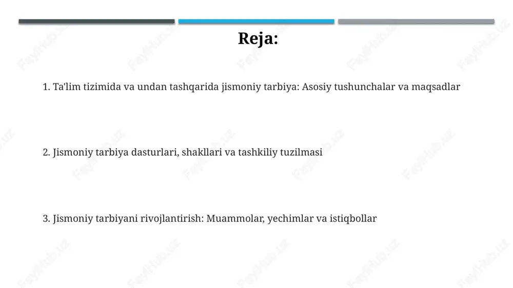 agacha bo'lgan salomatlikni mustahkamlash, jismoniy sifatlarni rivojlantirish hamda harakat malakalarini shakllantirishdan iborat. jismoniy tarbiyaning vazifalaridan biri bu 3-dan 5-gacha bo'lgan motor ko'nikmalarini o'rgatish, jismoniy tayyorgarlik darajasini oshirish va sog'lom turmush tarzini shakllantirishdir. jismoniy tarbiya dasturlari va mazmuni jismoniy tarbiya dasturlari 1-4 sinflarda har haftada kamida 2 soat darsni o'z ichiga oladi, bunda asosiy e'tibor harakatli o'yinlar va elementar mashqlarga qaratiladi. 5-9 sinflarda dastur mazmuni sport turlari elementlari bilan boyitiladi, masalan, yengil atletika, gimnastika, suzish va jamoaviy sport o'yinlari 3 soatga yetadi. o'rta maxsus va oliy ta'lim muassasalarida jismoniy tarbiya dasturlari talabalarning jismoniy tayyorgarligini oshirishga qaratilgan, shuningdek, tanlov bo'yicha sport turlarini o'z ichiga oladi. jismoniy tarbiya shakllari va usullari o'yin usuli motivatsiyani oshiradi, musobaqa usuli esa 10-12 yoshli bolalarda harakatni takomillashtiradi, takrorlash usuli esa texnikani o'rgatish uchun zarur. jismoniy tarbiya shakllariga dars mashg'ulotlari, ertalabki gimnastika, faol dam olish kiradi; usullarga esa takrorlash, interval usuli va o'yin usuli qo'llaniladi. jismoniy mashqlar usullari …