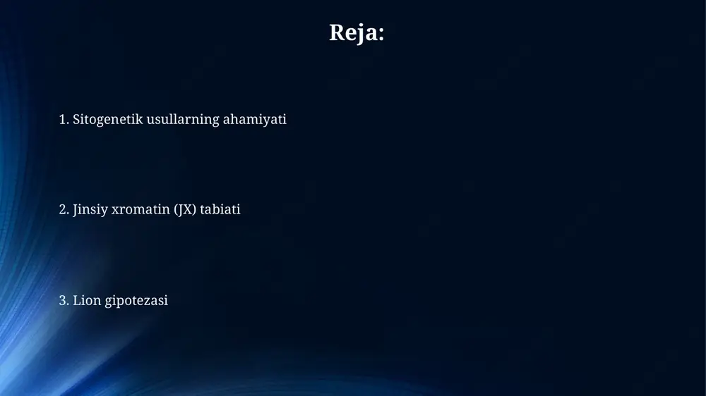 i) va giston bo'lmagan oqsillar mavjud bo'lib, ular epigenetik modifikatsiyalarda, jumladan dnk metillanishida ishtirok etadi, bu esa gen ifodasini susaytiradi. lion gipotezasi: mohiyati va asosiy qoidalari lion gipotezasi mohiyati shundaki, urg'ochi sutemizuvchilarda ikkita x xromosomadan biri tasodifiy inaktivlanadi, bu x-inaktivatsiya hodisasi bo'lib, gen dozasini tenglashtiradi. asosiy qoidaga ko'ra, x-inaktivatsiya embrional rivojlanishning dastlabki bosqichlarida, odatda, taxminan 16 kunda ro'y beradi va bu jarayon hujayradan hujayraga vorislik qiladi. natijada, urg'ochi somatik hujayralarida faqat bitta faol x xromosomasi mavjud bo'lib, boshqa inaktiv x xromosomasi barr tanasi sifatida namoyon bo'ladi va gen ekspressiyasini ta'minlaydi. lion gipotezasining molekulyar mexanizmlari tsilanish jarayonida dnk metillanishi muhim rol o'ynaydi. metil guruhlari cpg orollariga birikib, xromatinning zichlashuviga va genlarning o'chirilishiga olib keladi. x-inaktivatsiyaning asosiy molekulyar mexanizmi xist rnk hisoblanadi. bu 1700000 bazadan iborat rnk x-xromosomaga yopishib, uni susaytiradi. heteroxromatizatsiya jarayonida makroh2a kabi giston variantlari ishtirok etadi. makroh2a giston o'rnini egallab, inaktivatsiya jarayonini barqarorlashtiradi. sitogenetik usullar va lion gipotezasining klinik …