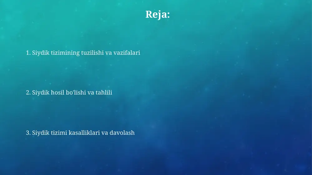 ish kabi to'rt xil toifaga bo'linadi. davolash usullari, profilaktika va gigiena buyrak yetishmovchiligi davolashda gemodializ 3-4 soat davom etadi, qonda to'plangan toksinlarni filtrlash uchun haftasiga 2-3 marta o'tkaziladi va suyuqlik muvozanatini saqlashga yordam beradi. siydik yo'llari infektsiyalarining oldini olish uchun kuniga kamida 8 stakan suv ichish, gigiena qoidalariga rioya qilish, siydikni ushlab turmaslik va paxta ichki kiyim kiyish muhim. e'tiboringiz uchun rahmat image3.png image4.jpg image5.jpg image6.jpg image7.jpg image8.jpg image9.jpg