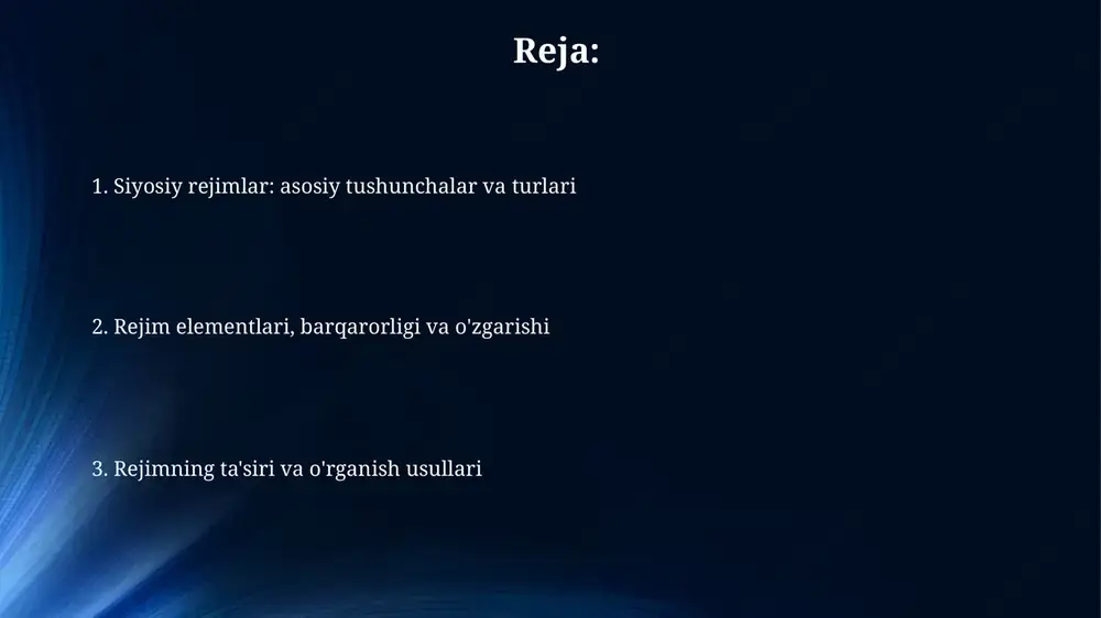 kin va adolatli saylovlarsiz, ommaviy axborot vositalari senzurasiga ega. bu holat 20-asrda ko'p kuzatilgan. avtoritar rejimlar qonun ustuvorligini tan olmaydi, aksariyat hollarda, qonunlar siyosiy elitaning xohishiga bo'ysunadi. muxolifatga yo'l qo'yilmaydi yoki qattiq nazorat ostida bo'ladi. avtoritarizm iqtisodiy rivojlanishga turli yo'llar bilan ta'sir qilishi mumkin: ba'zi hollarda tez o'sish kuzatilsa, boshqa hollarda korrupsiyaning keng tarqalishi va innovatsiyalarning bo'g'ilishi natijasida turg'unlikka olib keladi. totalitarizm totalitar rejimlar o'z hokimiyatini saqlab qolish uchun ommaviy qatllar, konslagerlar va siyosiy qamoqxonalar kabi zo'ravonlik va qo'rquvni tizimli ravishda ishlatadi. totalitarizmda davlat barcha sohalarni, jumladan iqtisodiyot, ta'lim va shaxsiy hayotni nazorat qiladi. bu 1930-yillarda sovet ittifoqi va germaniyada kuzatilgan. bir partiyali tizim hukmron bo'lib, boshqa siyosiy partiyalarga ruxsat berilmaydi. 20-asrda germaniya va sovet ittifoqi bunga misol bo'la oladi. rejim tasnifining mezonlari siyosiy ishtirok, ya'ni saylovlarda qatnashish, siyosiy partiyalarga a'zolik va fuqarolik jamiyati faoliyati rejimlarning demokratik yoki avtoritar ekanligini ko'rsatadi, ishtirok darajasi foizlarda ifodalanadi. rejim tasnifi, birinchi navbatda, hokimiyatning …