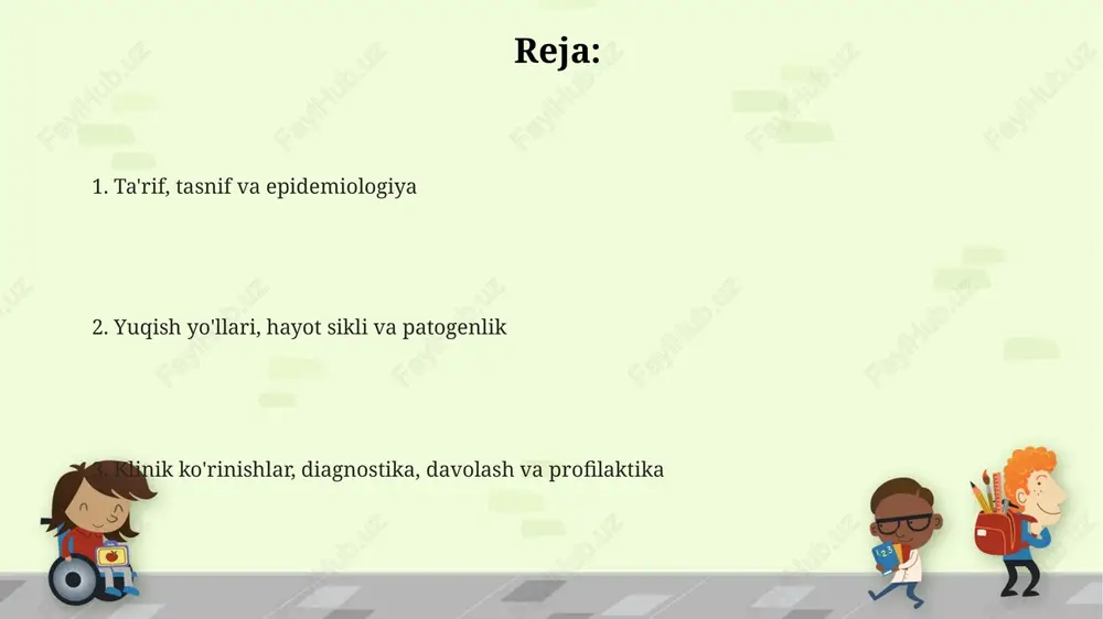 vojlanish faqat bitta xo'jayinda, masalan, ingichka chuvalchangda sodir bo'ladi. trematodalar murakkab hayot aylanishiga ega, ularda kamida 2 ta xo'jayin (masalan, mollyuskalar va umurtqali hayvonlar) ishtirok etadi, har birida aseksual ko'payish bosqichlari bo'lishi mumkin. ba'zi sestodalarning hayot sikliga 3 ta xo'jayin kiradi: birinchi oraliq xo'jayinda onkosferalar paydo bo'ladi, ikkinchi oraliq xo'jayinda pleroserkoidlar paydo bo'ladi va yakuniy xo'jayinda voyaga etgan chuvalchang paydo bo'ladi. patogenlik va patofiziologiya ba'zi gelmintlar, masalan, ankilostomalar, kuniga 0,2 ml gacha qon so'rishadi, bu esa surunkali temir tanqisligi anemiyasini keltirib chiqaradi, ayniqsa bolalarda va homilador ayollarda. gelmintlarning patogenligi mexanik shikastlanishdan kelib chiqadi, bunda ular to'qimalarni shikastlaydi va o'z harakati bilan yallig'lanishni keltirib chiqaradi, bu esa og'riq va disfunktsiyaga olib keladi. gelmintlarning metabolik chiqindilari va antijenlari immunitet reaksiyalarini qo'zg'atadi, masalan, eozinofiliya va ige darajasining oshishi, bu esa allergik belgilarga va to'qimalarning shikastlanishiga olib keladi. klinik ko'rinishlar (simptomlar) trixinellyoz mushaklardagi og'riq, isitma va periorbital shish kabi simptomlar bilan namoyon bo'ladi, chunki …
