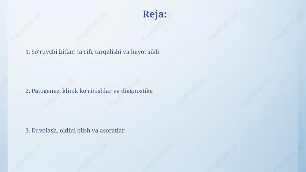 natijasida 24-48 soat ichida qichishish paydo bo'ladi, bu bitlar so'lagidagi antikoagulyantlar va boshqa moddalarga allergik reaktsiya natijasida yuzaga keladi. bitlarning tishlash joylari ikkilamchi bakterial infektsiyalar uchun kirish nuqtasi bo'lib xizmat qiladi, ayniqsa staph yoki strep kabi bakteriyalar teriga kirib, impetigo kabi asoratlarni keltirib chiqaradi. klinik ko'rinishlar (simptomlar) pedikulyoz pubisda kuchli qichishish, ko'pincha kechasi kuchayadi, 5 kungacha davom etishi mumkin, ayniqsa qov sohasida, lekin ba'zan qorin, ko'krak yoki sonlarda ham kuzatiladi. tana biti tufayli kelib chiqqan pedikulyozda 0,2-2 sm gacha bo'lgan qizil papulalar paydo bo'lishi mumkin, ular kuchli qichishishga olib keladi va uzoq davom etganda terining qalinlashishiga (lixenifikatsiya) sabab bo'ladi. diagnostika usullari pedikulyozni aniqlash uchun vizual tekshiruvda odam tanasida 0.8 dan 1.2 mm gacha bo'lgan harakatchan bitlarni yoki 1 mm dan kichik bo'lgan bitlarning tuxumlarini (nidalarni) qidirish muhimdir. dermatologik tekshiruv trixoskopiya yoki dermatoskopiya kabi usullarni o'z ichiga oladi, ular bitlarni va nidalarni 10x dan 20x gacha kattalashtirishda aniqlashga yordam beradi va …