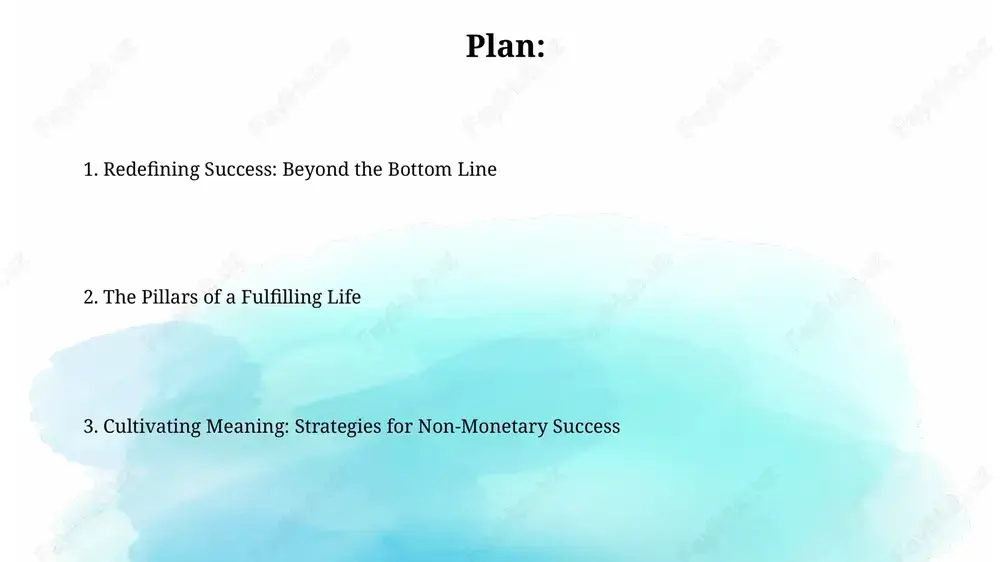 average of 4 or higher. cultivating a success mindset: practical strategies for well-being prioritize 7-9 hours of sleep nightly and implement 'digital sunset' practices, reducing screen time 1-2 hours before bed, improving restorative sleep cycles essential for cognitive function and emotional regulation. practice 'cognitive reframing' using the abc model (activating event, belief, consequence). challenge negative thought patterns by identifying and restructuring irrational beliefs impacting well-being. the future of success: embracing purpose and impact by 2030, expect 'impact investing' (esg) to drive a significant shift. people will prioritize companies with purpose and values alignment over pure profit, changing success metrics. future success integrates 'human capital development' – enhancing skills and well-being. the emphasis shifts from financial gains to holistic growth valued beyond any numerical score. thank you for your attention image2.jpg image3.jpg image4.jpg image5.jpg image6.jpg image7.jpg image1.png
