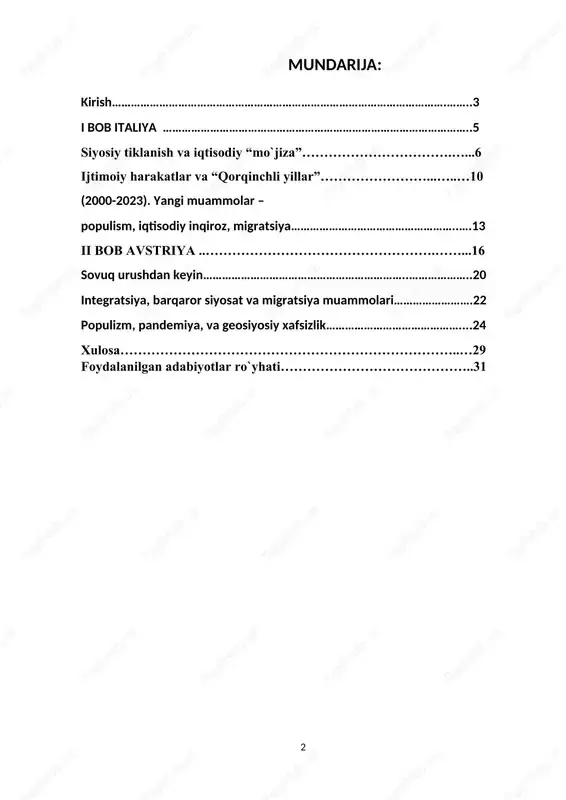 da. mazkur mavzuni o‘rganish nafaqat tarixiy jarayonlarni chuqur anglash, balki bugungi yevropa ittifoqining ichki mexanizmlari, siyosiy pozitsiyalar va xalqaro aloqalarini tahlil qilish imkonini beradi. shu sababli mavzu bugungi kunda ham nazariy, ham amaliy nuqtai nazardan dolzarb hisoblanadi. mavzuning o‘rganilganlik darajasi: 1945–2023 yillarda italiya va avstriya tarixining siyosiy, iqtisodiy va ijtimoiy jihatlari ko‘plab tarixchilar, siyosatshunoslar va xalqaro munosabatlar mutaxassislari tomonidan keng o‘rganilgan. ushbu davlatlar ikkinchi jahon urushidan so‘ng yevropa siyosiy xaritasida muhim o‘rin tutgani sababli, ularning rivojlanish yo‘li ko‘plab ilmiy ishlarda tahlil qilingan. xususan, italiya tarixiga oid tadqiqotlarda respublikaga o‘tish, "iqtisodiy mo‘jiza" davri, "qo‘rqinchli yillar", va berluskoni siyosati alohida o‘rganilgan. avstriya tarixiga oid asarlarda esa, 1955-yildagi neytrallik siyosati, yevropa ittifoqiga qo‘shilish jarayoni, va migratsiya siyosati muhim mavzular sifatida yoritilgan. o‘zbekiston va mdh davlatlarida bu mavzuga oid to‘g‘ridan-to‘g‘ri monografiyalar ko‘p bo‘lmasa-da, yevropa tarixi, integratsiya jarayonlari, xalqaro munosabatlar bo‘yicha yozilgan ilmiy ishlarda italiya va avstriyaning tutgan o‘rni alohida bob yoki bo‘limlar tarzida ko‘rib …