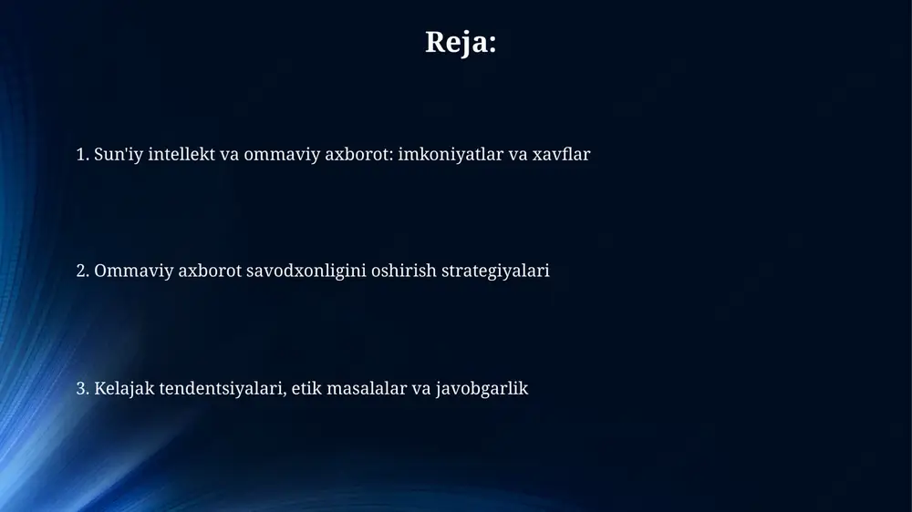 miyatdagi ishonchni yo'qotishi mumkin. ai algoritmlarining axborotni saralash va filtrlashdagi roli ai algoritmlari foydalanuvchilarning xatti-harakatlari, demografik ma'lumotlari va afzalliklariga asoslangan holda shaxsiy axborotni saralashni avtomatlashtiradi, bu esa filtr pufakchalariga olib kelishi mumkin. algoritmlar axborotni baholash mezonlari, masalan, mashhurlik, dolzarblik va ishonchlilik bo'yicha ustuvorlashtiradi, lekin ular 100% aniq emas va qarorlarga ta'sir qilishi mumkin. shaxsiy ma'lumotlarning yig'ilishi va ishlatilishi ai vositalari shaxsiy ma'lumotlarni yig'ish uchun 100 dan ortiq turli xil usullardan foydalanadi, jumladan, veb-sayt kuzatuvlari va ilovalardagi xatti-harakatlarni tahlil qilish. shaxsiy ma'lumotlar profil yaratish uchun ishlatiladi, bu esa 75% hollarda foydalanuvchilarga moslashtirilgan reklamalar va tarkibni taqdim etishga imkon beradi. ommaviy axborot savodxonligini oshirish strategiyalari tanqidiy fikrlash qobiliyatini rivojlantirish uchun 10 dan ortiq interaktiv mashg'ulotlar va tahliliy savollar o'quvchilarning mediadagi xabarlarni baholashga yordam beradi. faktlarni tekshirish bo'yicha 5 ta asosiy qadamni o'rgatish va ishonchli manbalarni aniqlash bo'yicha 3 ta amaliy mashg'ulot soxta yangiliklarni aniqlashda muhim rol o'ynaydi. ai va ommaviy axborot savodxonligi …