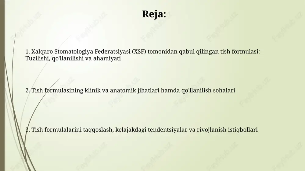 qlashda foydalaniladi, bu turli guruhlar o'rtasidagi evolyutsion aloqalarni tushunishga yordam beradi. xsf formulasining afzalliklari, kamchiliklari va taqqoslash xsf formulasining afzalligi shundaki, u tishlarni aniqlash uchun qulay 2 raqamli kodlash tizimidan foydalanadi, bu esa xalqaro miqyosda aloqani osonlashtiradi va chalkashliklarni kamaytiradi. xsf formulasining kamchiligi shundaki, u ba'zi murakkab anatomik variantlarni to'liq aks ettirmasligi mumkin, masalan, qo'shimcha tishlar yoki g'ayrioddiy tish shakllari, bu esa ba'zan noaniqliklarga olib keladi. klinik misollar, amaliy mashqlar va kelajak istiqbollari klinik misol: 16 va 46 tishlar kariyesi diagnostikasi, xsf formulasiga ko'ra. amaliy mashq: 21 tishni raqamlash, formulani qo'llash orqali. kelajak: tish formulasini ai bilan integratsiyalash, diagnostika aniqligini oshirish. klinik misol: impaktlangan 38 tishning joylashuvini aniqlash, xsf formulasi orqali. amaliy mashq: radiografiyada tishlarni aniqlash, formulaga muvofiq. kelajak: tish formulasi genetik ma'lumotlar bilan bog'lanishi, shaxsiy davolashni ta'minlash. e'tiboringiz uchun rahmat image1.png image2.png image3.jpg image4.png image5.jpg image6.jpg