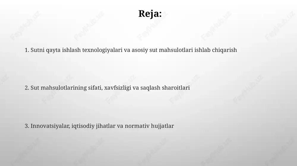 ga keltirishni anglatadi, bu esa turli partiyalarda mahsulotning bir xilligini ta'minlaydi. standartlashtirish uchun sut tarkibidagi yog' miqdorini kamaytirish uchun separatordan foydalaniladi, bunda krem ajratib olinadi va kerakli yog'lilik darajasiga erishilguncha sutga qaytariladi. homilash va fermentlash homilash jarayoni sutni ivitish uchun 0.02% dan 0.03% gacha xomil moddasini qo'shishni o'z ichiga oladi, bu kazein misellarini barqarorlashtiradi va quyuqlashishga olib keladi. fermentlashda sutga 1% dan 3% gacha bakterial zarrachalar qo'shiladi, masalan, *lactobacillus* va *streptococcus*, laktozani sut kislotasiga aylantirib, ph ni pasaytiradi. yogurt, qatiq va kefir ishlab chiqarish yogurt ishlab chiqarishda streptococcus thermophilus va lactobacillus bulgaricus kabi ikki xil bakteriya madaniyati 40-45°c haroratda sutni fermentatsiya qilish uchun ishlatiladi, bu unga xos kislotali ta'm beradi. qatiq ishlab chiqarishda, odatda, lactobacillus acidophilus kabi bitta madaniyatdan foydalaniladi va fermentatsiya jarayoni yogurtga qaraganda qisqaroq bo'ladi, natijada yumshoqroq va kamroq nordon mahsulot olinadi. pishloq ishlab chiqarish pishloq ishlab chiqarishda koagulyatsiya jarayoni 30 daqiqadan 2 soatgacha davom etishi mumkin, bu …