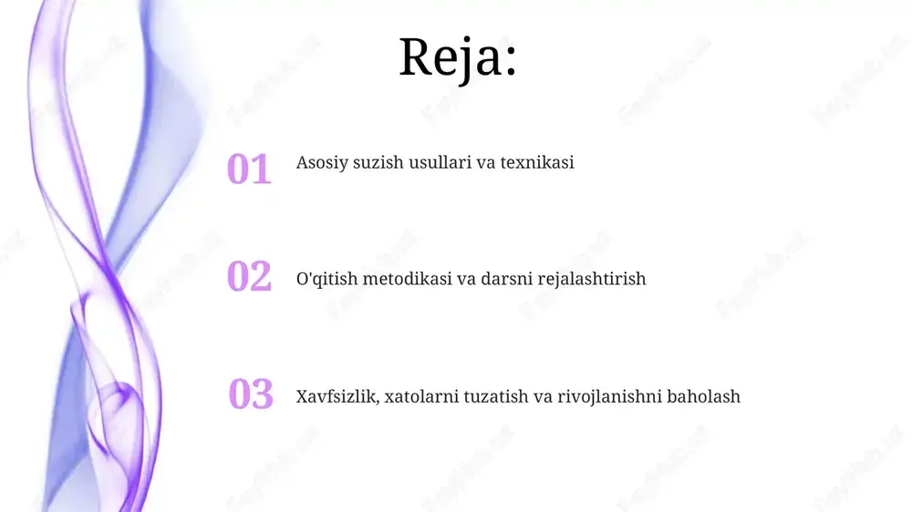 arshilikni kamaytirish va samaradorlikni oshirishga yordam beradi. tezlikni oshirish uchun yuqori intensivlikdagi interval mashqlari (hiit) muhimdir. masalan, 8 x 50 metr tez suzish, 20 soniya dam olish, so'ngra 4 x 100 metr tezroq suzish, 30 soniya dam olish mumkin. xavfsizlik choralari va xatolarni tuzatish xavfsizlik uchun har bir darsda 1:10 nisbatda o'quvchilarga e'tibor qarating. haddan tashqari charchoqni oldini olish uchun 15 daqiqalik tanaffuslar kiritish muhim. xavfsizlik choralariga rioya qilish va xatolarni tuzatish jarayonida birinchi qadam - bu suvga tushish chuqurligini o'quvchining bo'yiga moslashdir. o'qitish usullari, motivatsiya va baholash o'qitishda progressiv usuldan foydalaning: 1-bosqich - asoslar, 2-bosqich - texnika, 3-bosqich - tezlik. o'quvchilarni kichik qadamlar bilan o'rgating va doimiy ravishda rag'batlantiring. motivatsiya uchun smart maqsadlar qo'ying: aniq, o'lchanadigan, erishiladigan, real va vaqt bilan chegaralangan. har bir muvaffaqiyatni nishonlang va o'quvchilarni doimo qo'llab-quvvatlang. e'tiboringiz uchun rahmat image4.jpg image5.jpg image6.jpg image7.jpg image8.jpg image9.jpg image10.jpg image1.jpeg image2.jpeg image3.jpeg