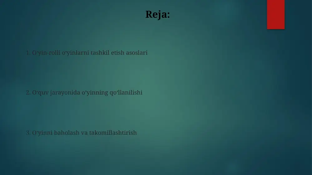 aritadan va 3 ta maslahat varaqasidan iborat boʻlishi mumkin. ularning maqsadi oʻyin davomida ishtirokchilarga yoʻnalish berish va bilimlarini mustahkamlashdir. qoʻllanmalar oʻyin qoidalarini, rol tavsiflarini va 7 ta asosiy konseptni tushuntiruvchi 2 ta alohida kitobchadan iborat boʻlishi kerak. ularda vizual materiallar va misollar keltiriladi. oʻyin qoidalari va baholash mezonlari o'yin qoidalari har bir vazifani bajarishda aniq qadamlar ketma-ketligini belgilaydi, masalan, muvaffaqiyatli savdo uchun 3 ta asosiy argument va 2 ta tasdiqlovchi faktlar talab etiladi. baholash mezonlari ishtirokchining bilimlarni qo'llash qobiliyatini, jamoada ishlash samaradorligini 1 dan 10 gacha bo'lgan shkala bo'yicha baholashni o'z ichiga oladi. oʻyin davomiyligi va bosqichlari oʻyin davomiyligi 45 daqiqadan 90 daqiqagacha boʻlishi mumkin, bu oʻquv maqsadlari, guruh hajmi va oʻyinning murakkabligiga bogʻliq, har bir bosqichga vaqt ajratish muhim. oʻyin bosqichlari: 1) tayyorgarlik (10 daqiqa), 2) rollarni taqsimlash (5 daqiqa), 3) oʻyin jarayoni (60 daqiqa), 4) tahlil va baholash (15 daqiqa). har bir bosqich aniq maqsadga ega. ishtirokchilarning oʻzaro …