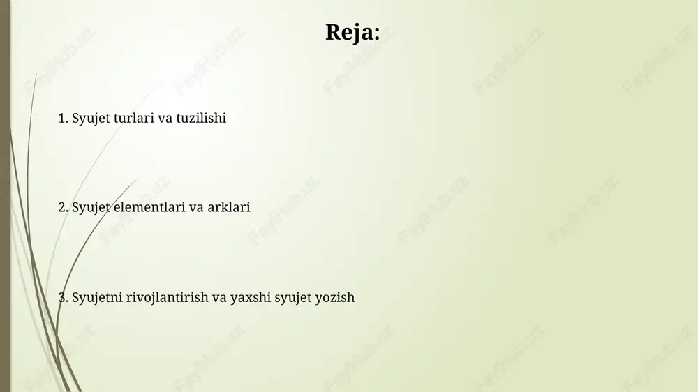 vchini noto'g'ri yo'naltiruvchi elementdir. 2-3 ta shunday elementlardan foydalanish voqeani yanada qiziqarli qiladi. syujetni rivojlantirish texnikalari voqealarni orqaga qaytarish usulidan foydalaning: birinchi bo'lib yakuniy sahnani namoyish qiling va keyin qanday qilib 3 asosiy sababga ko'ra u erga kelganingizni tushuntiring, bu syujetga sir qo'shadi. qahramonning maqsadi sari 5 ta muhim to'siqni yarating, har bir to'siq avvalgisidan ko'ra qiyinroq bo'lsin va shu bilan qahramonning o'sishi va rivojlanishiga e'tibor qarating. yaxshi syujet yozish bo'yicha maslahatlar 1-qoida: har bir sahnada kamida bitta to'siqni kiriting. o'quvchini jalb qilish uchun xarakteringiz doimiy ravishda qiyinchiliklar va 2-3 ta kutilmagan burilishlarga duch kelishini ta'minlang. 3 aktli tuzilishni qo'llang: o'rnatish, mojarolikning kuchayishi va ruxsat. har bir aktni 5-7 ta asosiy nuqta bilan rejalashtiring, bu hikoyaning 80%ini samarali tuzishga yordam beradi. e'tiboringiz uchun rahmat image1.jpg image2.jpg image3.jpg image4.jpg image5.jpg image6.jpg image7.jpg