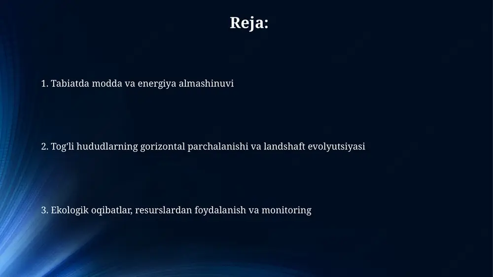 cho'kish va ekologik oqibatlar eroziya tezligi tog'li hududlarda 5 mm/yil ga yetishi mumkin, bu esa tuproq unumdorligining yo'qolishiga olib keladi va qishloq xo'jaligiga salbiy ta'sir ko'rsatadi. cho'kish jarayonlari suv havzalarining sayozlashuviga olib keladi, natijada suv o'simliklari kamayadi va baliqlar soni 30% gacha qisqarishi mumkin. inson faoliyatining ta'siri va tabiiy resurslardan foydalanish o'rmonlarning kesilishi va qishloq xo'jaligi uchun yerlarni o'zlashtirish 30% gacha tuproq eroziyasini kuchaytirishi, tabiiy ekotizimlarni yo'q qilishi va biologik xilma-xillikka putur etkazishi mumkin. foydali qazilmalarni qazib olish va qayta ishlash jarayonlari atrof-muhitni og'ir metallar bilan ifloslantirishi, 400 ming gektardan ortiq yerlarni buzishi va suv resurslariga salbiy ta'sir ko'rsatishi mumkin. monitoring va boshqarish strategiyalari monitoring strategiyalari 10 yillik suv oqimining o'zgarishini va 5 yillik tuproq eroziyasi darajasini kuzatish uchun gis va masofadan zondlash ma'lumotlaridan foydalanishni o'z ichiga oladi. boshqarish strategiyalari, xususan, cho'llanish darajasi yuqori bo'lgan hududlarda 30% ko'proq o'simlik qoplamini ta'minlash uchun tuproqni mustahkamlovchi o'simliklarni ekishni nazarda tutadi. e'tiboringiz uchun …