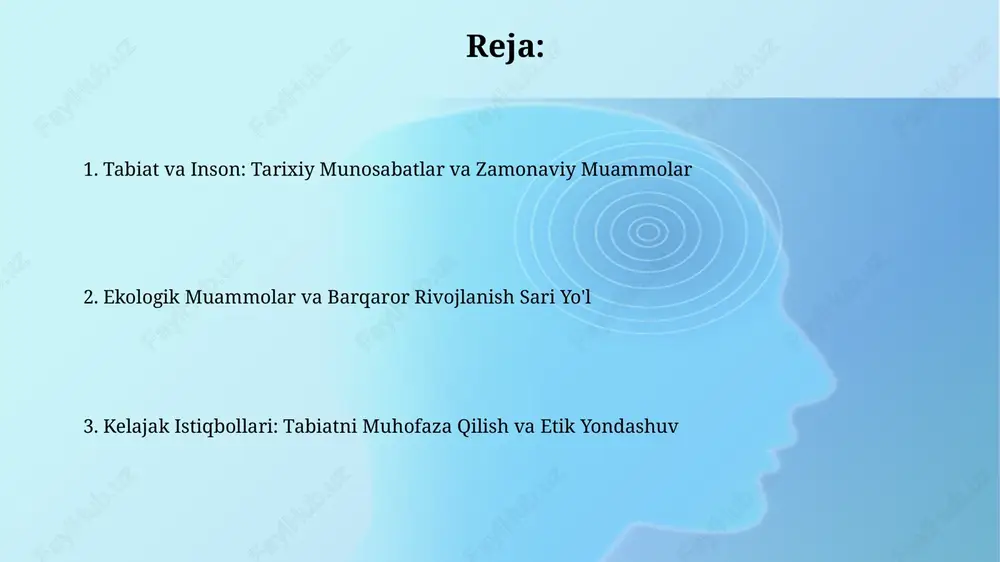 i bilan bogʻliq boʻlib, unda 17 ta global maqsadlar koʻzda tutilgan, bu maqsadlar iqtisodiy oʻsish va atrof-muhit himoyasini muvozanatlashga qaratilgan. tabiatni muhofaza qilishda ekotizim xizmatlarini baholash muhim, bu esa oʻrmonlar va suv havzalarining iqtisodiy qiymatini aniqlashga yordam beradi hamda ularni himoya qilish uchun asos yaratadi. kelajak istiqbollari va yechimlar kelajakda 2050 yilgacha qayta tiklanadigan energiya manbalariga o'tish global haroratni 1.5 daraja selsiyda ushlab turishga yordam beradi va barqaror energiya tizimini yaratadi. innovatsion texnologiyalar, masalan, uglerodni ushlash texnologiyasi (carbon capture and storage - ccs) va sun'iy fotosintez orqali atmosferadagi karbonat angidridni kamaytirish mumkin. e'tiboringiz uchun rahmat image2.png image3.jpg image4.png image5.jpg image6.jpg image7.jpg image8.jpg image1.png