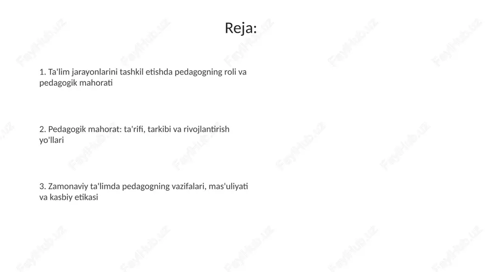 i o’zi boshqarishni o’rgatadi. darsni rejalashtirish va tashkil etish darsni rejalashtirishda aniq maqsadlarni belgilash zarur, ularni smart (specific, measurable, achievable, relevant, time-bound) tamoyillari asosida 3-4 ta asosiy o'quv natijasiga yo'naltirish kerak. darsni tashkil etishda 5e modeli (engage, explore, explain, elaborate, evaluate) kabi pedagogik texnologiyalardan foydalanish o'quvchilarning faolligini oshirib, 70-80% o'zlashtirishga yordam beradi. o'quvchilarni baholash usullari summativ baholash o'quvchilarning ma'lum bir davr, masalan, chorak yoki o'quv yili oxirida erishgan bilim darajasini aniqlash uchun qo'llaniladi va umumiy ball berishda ishlatiladi. formativ baholash dars jarayonida o'quvchilarning tushunish darajasini aniqlashga qaratilgan. bunga savol-javob, qisqa testlar va o'zaro baholash kabi usullar kiradi, hamda real vaqtda fikr-mulohaza beriladi. sinfni boshqarish va tartibni ta'minlash sinfda tartibni ta'minlash uchun 5-qadamli yondashuvni qo'llash mumkin: 1) oldini olish, 2) aralashuv, 3) to'g'rilash, 4) oqibatlarni qo'llash va 5) qayta tiklash. bu xavfsiz muhit yaratadi. sinfni boshqarishda 1) kutilayotgan xatti-harakatlarni aniq belgilash, 2) ijobiy xatti-harakatlarni rag'batlantirish, 3) buzilishlarga tez va adolatli javob …