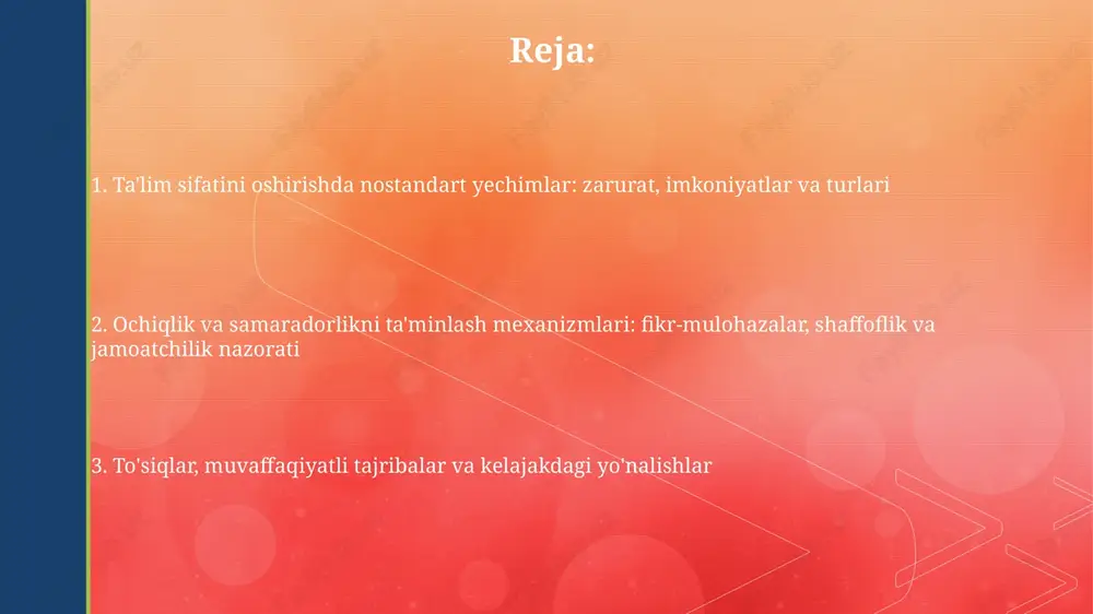 gdek, o'qitish uslublarini yaxshilash bo'yicha 5 dan ortiq tavsiyalar beradi. ta'lim resurslari va jarayonining ochiqligi ochiq ta'lim resurslari (otr) bepul va qonuniy ruxsat bilan taqdim etiladi, bu orqali 100% o'quv materiallariga teng imkoniyat yaratiladi. ta'lim jarayonining shaffofligi, masalan, baholash mezonlarining 75% oshkoraligi, o'quvchilarning ishonchini va o'zlashtirish sifatini sezilarli darajada oshiradi. fikr-mulohazalarni olish va tahlil qilish mexanizmlari o'quvchilarning fikr-mulohazalarini yig'ish uchun 360 gradusli baholash usuli qo'llanilishi mumkin, bunda nafaqat o'qituvchilar, balki tengdoshlar va o'z-o'zini baholash ham hisobga olinadi. maxsus onlayn platformalar orqali olingan fikr-mulohazalar sentiment analysis algoritmlari yordamida avtomatik ravishda tahlil qilinib, o'quv jarayonidagi muammoli joylar aniqlanadi. ta'lim sifatini oshirishda jamoatchilik nazorati jamoatchilik nazorati ta'lim sifatini baholashda muhim rol o'ynaydi, chunki 100 dan ortiq fuqarolik jamiyatlari maktab faoliyatini kuzatib, xolis baho beradi. ota-onalar qo'mitalari, mahalliy kengashlar va nntlar 50% dan ortiq maktablarda ta'lim sifatini monitoring qilishda ishtirok etadi, shaffoflikni ta'minlab, mas'uliyatni oshiradi. nostandart yechimlarni joriy etishdagi to'siqlar moliyaviy cheklovlar, jumladan, zamonaviy …