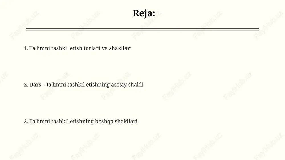 ishi odatda 5-7 bosqichdan iborat: tashkiliy qism, uy vazifasini tekshirish, yangi mavzuni tushuntirish, mustahkamlash, baholash va uyga vazifa berish, har bir bosqich o'z rolini o'ynaydi. darsga qo'yiladigan talablar va uni rejalashtirish dars rejasida aniq maqsadlar (3-4 ta asosiy maqsad) bo'lishi kerak, bunda o'quvchilarning bilim, ko'nikma va kompetensiyalarini rivojlantirishga qaratilgan vazifalar ko'rsatilishi lozim. darsni rejalashtirishda 5e modeli (engage, explore, explain, elaborate, evaluate) kabi zamonaviy metodlardan foydalanish, o'quvchilarning faolligini oshirish va tushunish darajasini yaxshilash muhim. dars jarayonida differensial yondashuv qo'llash zarur, ya'ni o'quvchilarning individual xususiyatlari (o'rganish tezligi, qobiliyatlari) hisobga olinib, moslashtirilgan vazifalar berilishi kerak. dars samaradorligini baholash dars samaradorligini aniqlashda, o'qituvchi tomonidan qo'llanilgan usullar, masalan, 'swot tahlil' va '3-2-1' strategiyalari 90% o'quvchilarning faolligini oshirsa, natija ijobiy. dars samaradorligini baholashda o'quvchilarning bilim darajasi, ko'nikma va malakalarining o'zgarishi 70-80% ga o'sganligi kuzatilsa, bu darsning yuqori natijadorligidan dalolat beradi. dars davomida o'quvchilarning 85% i mavzuni tushunib, erta va kech qayta aloqa orqali o'z fikrlarini bayon …