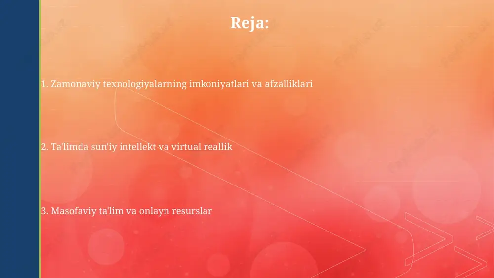 ish samaradorligini 70% gacha oshirishi mumkin. interaktiv ta'limda multimedia vositalaridan, jumladan, video, animatsiya va simulyatsiyalardan foydalanish darslarni qiziqarli qiladi. natijada, talabalar materiallarni 2 barobar tezroq o'zlashtiradi. sun'iy intellekt (ai) sun'iy intellekt (ai) adaptiv o'quv platformalarini kuchaytiradi, bu esa har bir talabaning ehtiyojlariga moslashtirilgan kurslarni taqdim etadi va natijada o'quv jarayonini 25% gacha optimallashtiradi. ai ta'limda baholash jarayonini avtomatlashtirishi mumkin, shu jumladan insholar va testlarni baholash, o'qituvchilar vaqtini 40% gacha tejaydi va qayta aloqa tezligini oshiradi. virtual reallik (vr) virtual reallik (vr) simulyatsiyalari 3d muhitlarni yaratib, talabalarga tarixiy voqealarni boshdan kechirish yoki murakkab ilmiy tushunchalarni 360 gradusda o'rganish imkonini beradi. vr ta'limda tibbiyot, muhandislik va arxitektura kabi sohalarda qimmatbaho, xavfsiz va real tajribalar beradi, masalan, virtual jarrohlik amaliyotlari yoki binoning virtual dizayni. ta'limda o'yinlashtirish o'yinlashtirish o'quvchilarni motivatsiyalash uchun ball to'plash, darajalar va reyting jadvalini o'z ichiga oladi. bu ularni darslarda faol ishtirok etishga undaydi va 75% gacha ko'proq natijaga erishishga yordam …