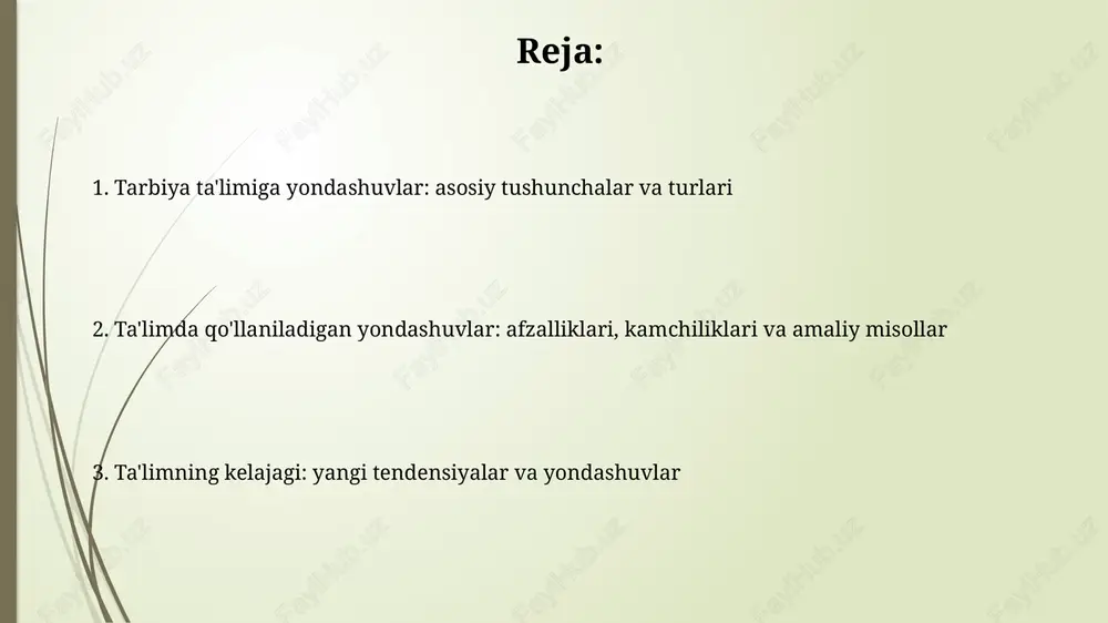 a jazolashdan foydalanadi, masalan, to'g'ri javoblar uchun ball berish va noto'g'ri javoblar uchun vazifalarni ko'paytirish. integratsiyalashgan va loyiha asosidagi ta'lim integratsiyalashgan ta'lim turli fanlarni birlashtirib, 21-asr ko'nikmalarini rivojlantiradi, masalan, steam fanlari orqali matematikani san'at bilan bog'lash orqali kompleks tushunchalarni shakllantiradi. loyiha asosidagi ta'lim o'quvchilarga 10-haftalik loyihalar orqali amaliy tajriba beradi, bunda ular muammolarni hal qilish, tadqiqot o'tkazish va jamoa bilan ishlash qobiliyatlarini rivojlantiradi. yondashuvlarni tanlash mezonlari, afzalliklari va kamchiliklari yondashuvlarni tanlashda o'quv maqsadlari 70% ahamiyatga ega, resurslar 20% va o'quvchilarning ehtiyojlari 10% hisobga olinishi kerak, bu samarali ta'limni ta'minlaydi. affzalliklar orasida, 85% o'quvchilarning faolligi oshishi, kamchiliklar esa 15% hollarda vaqt talab qilishi va muayyan resurslarga bog'liqligi kuzatiladi. ta'lim sohasidagi yangiliklar va kelajak tendentsiyalari sun'iy intellekt (si) ta'limda tobora ko'proq qo'llanilmoqda, masalan, 24/7 o'quv yordami, avtomatlashtirilgan baholash va shaxsiy o'rganish yo'llarini taqdim etish, samaradorlikni oshirish. kattalashtirilgan va virtual reallik (ar/vr) simulyatsiyalari 3d muhitda immersiv o'quv tajribalarini yaratadi, bu esa ko'nikmalarni rivojlantirish …