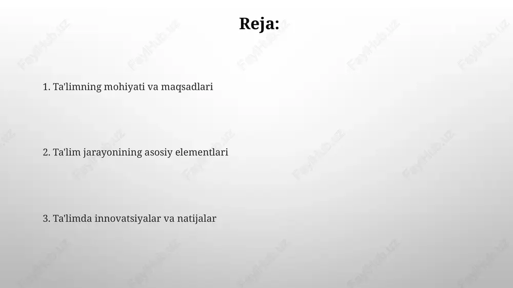 ib, o'z vaqtida tuzatish kiritish imkonini beradi. nazorat jarayonida o'quvchilarning 70% dan ortig'i o'zlashtirishi kerak bo'lgan asosiy tushunchalar va ko'nikmalar belgilab olinadi, shu orqali o'zlashtirish darajasi aniqlanadi. ta'limda innovatsiyalar va texnologiyalar ta'limda sun'iy intellekt (si) yordamida moslashtirilgan o'qitish tizimlari joriy etilmoqda, bu esa har bir o'quvchining 100% individual ehtiyojlariga mos keladigan ta'lim dasturlarini yaratishga imkon beradi. ta'limda virtual va kengaytirilgan reallik (vr/ar) texnologiyalari keng qo'llanilmoqda, bu 3d modellar va interaktiv simulyatsiyalar orqali murakkab tushunchalarni 75% ko'rgazmaliroq qilib tushuntirishga yordam beradi. e'tiboringiz uchun rahmat image3.png image4.jpg image5.jpg image6.jpg image7.jpg image8.jpg image9.jpg image1.png