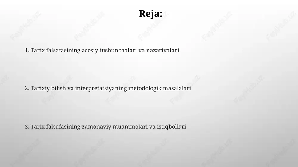 ayonni segmentlarga boʻlishda koʻplab yondashuvlarga ega, masalan, karl yasperning “oʻq davri” 800-200 yillarga toʻgʻri keladi. tarixiy interpretatsiya, hermenevtika, xotira va identitet tarixiy interpretatsiya matnlarni 100% to'g'ri tushunishga urinadi, lekin hermenevtika o'tmish kontekstini hisobga olgan holda, noaniqlikni qabul qiladi va turli xil ma'nolarni izlaydi. xotira, ayniqsa kollektiv xotira, milliy identitetning asosini tashkil etadi, lekin 1984 kabi tarixiy voqealarning interpretatsiyasi identitetni mustahkamlashi yoki bo'lishi mumkin. tarix falsafasining zamonaviy muammolari va istiqbollari globalizatsiya davrida milliy tarixlar o'rtasidagi ziddiyatlar va 21-asrda universal tarixiy jarayonlarni shakllantirish masalalari falsafiy tahlilni talab etadi. postmodernizm ta'siri ostida tarixiy haqiqatning nisbiyligi va turli xil interpretatsiyalarning o'rni, shu jumladan, 1990-yillardan so'ng yangi bahslarga sabab bo'lmoqda. e'tiboringiz uchun rahmat image3.png image4.jpg image5.jpg image6.jpg image7.jpg image8.jpg image9.jpg image10.jpg image1.png