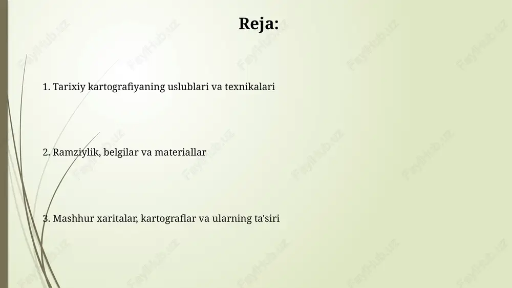 rning 3d sirtini 2d tekislikda ifodalash usulidir, har doim shakli, maydoni, masofasi yoki yo'nalishida buzilishlarni keltirib chiqaradi. silindrik proyeksiya, masalan, mercator, meridianlarni vertikal chiziqlar va parallellarni gorizontal chiziqlar sifatida ko'rsatadi, bu esa shakllarni, ayniqsa qutblar yaqinida buzadi. siyosiy va madaniy ta'sirlar xaritalar 16-asrda davlat hokimiyatini ko'rsatish uchun mo'ljallangan, hududlarni aniq belgilab, siyosiy da'volarni tasdiqlagan va hukmronlikni vizual ravishda mustahkamlagan. madaniy e'tiqodlar, masalan, dunyoning diniy tasvirlari, 1500-yillardagi xaritalarga ta'sir ko'rsatgan, geografik tafsilotlarni o'sha davrning ma'naviy qarashlari bilan shakllantirgan. mashhur xaritalar va kartograflar al-idrisi, xii asrda sitsiliya qiroli rojer ii uchun dunyo xaritasini chizgan mashhur musulmon kartografi bo'lgan. uning xaritasi o'sha davr uchun juda aniq bo'lgan. gerard merkator xvi asrda dengizchilarga navigatsiya qilish uchun qulay bo'lgan merkator proektsiyasini yaratdi. bu proektsiya bugungi kunda ham ishlatiladi, lekin buzilishlarga ega. e'tiboringiz uchun rahmat image1.jpg image2.jpg image3.jpg image4.jpg image5.jpg image6.jpg image7.jpg