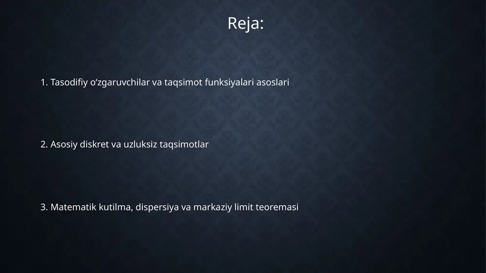 ersiya va standart chetlanishi matematik kutilma – bu tasodifiy oʻzgaruvchining oʻrtacha qiymatini ifodalaydi, ogʻirliklari ehtimolliklar boʻlgan barcha mumkin boʻlgan qiymatlarning yigʻindisi (diskret holatda) yoki integrali (uzluksiz holatda). dispersiya tasodifiy oʻzgaruvchi qiymatlarini oʻz matematik kutilmasidan qanchalik uzoqlashishini oʻlchaydi; u oʻrtacha kvadrat chetlanish sifatida hisoblanadi va oʻzgaruvchanlik miqdorini koʻrsatadi. standart chetlanish – bu dispersiyaning kvadrat ildizi boʻlib, u tasodifiy oʻzgaruvchining matematik kutilmasi atrofida qiymatlarning tarqalishining standart oʻlchovini beradi va dispersiyaga nisbatan qulayroq interpretatsiyaga ega. bir nechta tasodifiy oʻzgaruvchilar: qoʻshma, marginal va shartli taqsimotlar, kovariatsiya, korrelatsiya marginal taqsimotlar har bir oʻzgaruvchi uchun alohida taqsimotlarni, boshqa tasodifiy oʻzgaruvchilarga eʼtibor bermasdan, qoʻshma taqsimotdan hisoblab topish orqali aniqlanadi. qoʻshma taqsimot funksiyasi bir vaqtning oʻzida ikkita yoki undan ortiq tasodifiy oʻzgaruvchilarning ehtimolliklarini aniqlaydi, masalan, p(x ≤ x, y ≤ y) 2 oʻzgaruvchi uchun. kovariatsiya ikkita tasodifiy oʻzgaruvchining oʻrtacha qiymatlaridan chetlanishlari oʻrtasidagi chiziqli bogʻliqlik darajasini oʻlchaydi, masalan, cov(x, y) orqali ifodalanadi. markaziy limit teoremasi, katta sonlar qonuni va …