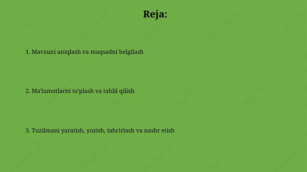 dam beradi. mantiqiy tuzilma - bu 'piramida printsipi'ga asoslanishi mumkin, bunda asosiy xabarni eng yuqoriga joylashtirish va uni 3 tagacha dalil bilan qo'llab-quvvatlash muhim ahamiyatga ega. yozish yozish jarayonida 1-loyihani yaratish muhim, bu esa asosiy fikrlarni qamrab olgan, 5-7 ta asosiy banddan iborat rejadir, bu sizga matnni aniq tashkil etishga yordam beradi. yozishda uslubni saqlash muhim. bu 3 xil uslubdan (badiiy, ilmiy, publitsistik) birini tanlash va matn davomida shu uslubga rioya qilishni anglatadi. tahrirlash tahrirlashda 100% aniqlikka erishish uchun grammatik xatolarni, imlo qoidalarini va tinish belgilarini diqqat bilan tekshirish, matnning ravonligini oshirish muhim. tahrirlash jarayonida matnning maqsadli auditoriyaga mosligini ta'minlash uchun so'z tanlash, ohang va uslub kabi 3 ta asosiy elementga e'tibor qaratish lozim. formatlash formatlash shrift hajmini, turini (masalan, arial yoki times new roman), rangini va uslubini (qalin, kursiv) o'zgartirishni o'z ichiga oladi, bu esa matnning 10-12 punktda o'qilishini ta'minlaydi. sahifalashda 2,5 sm yuqori va pastki, 3 sm o'ng …