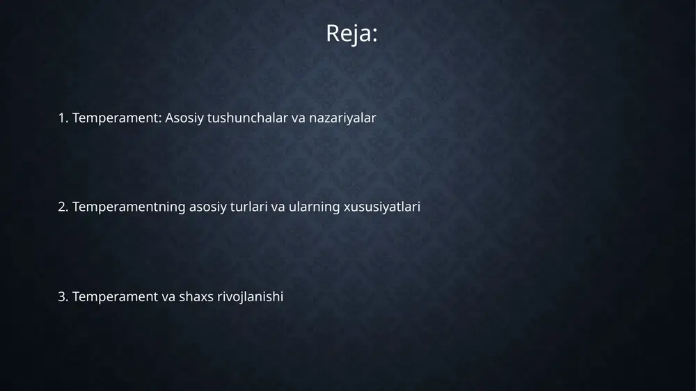 ng temperament nazariyasi 4 ta asosiy suyuqlikka (qon, shilliq, sariq o't, qora o't) asoslangan bo'lib, ularning nisbati shaxsning xulq-atvorini belgilaydi, degan asosiy tushunchani ilgari suradi. galen gippokratning nazariyasini rivojlantirib, har bir suyuqlik ustunligi bilan bog'liq 4 xil temperamentni (sanguinik, flegmatik, xolerik, melanxolik) aniqladi va xususiyatlarini tavsifladi. zamonaviy temperament nazariyalari: sheldon, kretschmer, eysenk sheldonning somatotip nazariyasi inson temperamentini 3 asosiy tana tuzilishi bilan bog'laydi: endomorfiya (5-son), mezomorfiya va ektomorfiya, ularning har biri o'ziga xos xususiyatlarga ega. kretschmer temperament nazariyasi shaxsiyatni 4 tana tipiga bog'laydi: leptosomatik (ingichka), piknik (to'liq), atletik (muskul) va displastik, ularning har biri ma'lum xulq-atvor xususiyatlari bilan ajralib turadi. eysenkning temperament modeli 2 asosiy o'lchovdan iborat: introversiya-ekstraversiya va nevrotizm, shaxsiyatni 4 kvadrantga ajratadi va keyinchalik psixotizmni 3-o'lchov sifatida qo'shadi. temperamentning fiziologik asoslari va xulq-atvorga ta'siri neyrotransmitterlar, jumladan, dopamin va serotonin miqdorining farqi temperamentning fiziologik ko'rinishlariga ta'sir etadi, masalan, xoleriklarda dopamin yuqori bo'lib, intilish va faollik darajasini oshiradi. temperamentning fiziologik …