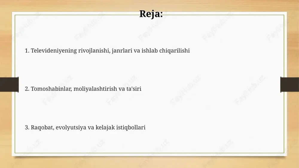 deniesi va oqimli xizmatlarga ko'proq qiziqish bildirishadi, shu bilan birga 55 yoshdan oshganlar an'anaviy efir televideniesi formatlarini afzal ko'rishadi. reklama, moliyalashtirish va iqtisodiy ta'sir televideniye reklamadan katta daromad oladi, 30 soniyalik reklamalar o'z vaqtiga qarab o'n minglab dollarga yetishi mumkin, bu esa dasturlash byudjetlarini sezilarli darajada qoplaydi. pullik televideniye, masalan, kabel va sun'iy yo'ldosh xizmatlari, obuna to'lovlaridan daromad oladi, bu oqim xizmatlarining o'sishi bilan raqobatda muhim moliyaviy oqimdir. televideniye ishlab chiqarishi sezilarli iqtisodiy ta'sirga ega, kino va televideniye sohalarida yuz minglab odamlarni ish bilan ta'minlaydi va mahalliy biznesni qo'llab-quvvatlaydi. televideniyening ijtimoiy va madaniy ta'siri hamda tanqidi tanqidchilar teleko'rsatuvlarda zo'ravonlik tasvirlari 10-15 yoshli bolalarda tajovuzkor xatti-harakatlar xavfini oshirishi mumkinligini ta'kidlashadi. televidenie tomoshabinlar qadriyatlarini shakllantirib, 1950-yillardan boshlab oilaviy hayotga sezilarli ta'sir ko'rsatdi, bu esa jamiyatda bahslarga sabab bo'lgan. televizor madaniyatini ommalashtirib, global tendensiyalarni tarqatdi, lekin milliy madaniyatlar yo'qolishi va qadriyatlar susayishi xavfi haqida ogohlantirishlar mavjud. raqobat va televideniyening evolyutsiyasi televidenie auditoriyasi uchun …