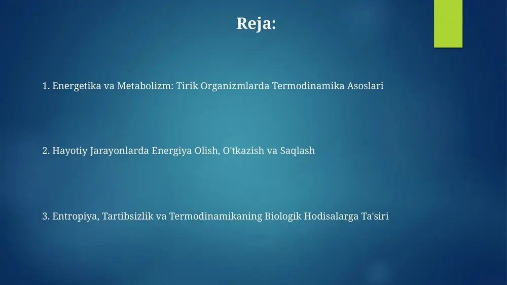 amalga oshiriladi, bu issiqlik yo'qotilishiga ta'sir qiladi. entropiya va tartibsizlik entropiya tirik organizmlarda doimo ortib boradi, bu esa murakkab molekulalarning parchalanishiga (katabolizm) va energiyaning foydasiz issiqlikka aylanishiga olib keladi. bu jarayonlarni bartaraf etish uchun doimiy energiya kiritilishi zarur. tirik organizmlar atrofdan energiya olib, o'z ichki tartibini saqlab turishga qodir. misol uchun, glyukozaning parchalanishi (c6h12o6) entropiyani oshiradi, ammo organizm bu energiyani tartibni saqlash uchun ishlatadi. kasallik va termodinamika rak kabi kasalliklar hujayra metabolizmini buzadi, termodinamik muvozanatni o'zgartiradi va energiya ishlab chiqarish samaradorligini pasaytiradi. bu o'zgarishlar issiqlik hosil bo'lishining ortishiga olib kelishi mumkin. isitma holatida termodinamikaning 1-qonuni (energiya saqlanishi) asosida tana haroratining ko'tarilishi infektsiyaga qarshi kurashish uchun metabolik jarayonlar intensivligining oshishini aks ettiradi. evolyutsiya va termodinamika evolyutsiya davomida organizmlar energiya olish va undan foydalanish samaradorligini oshirishga intilib, 2-termodinamika qonunining buzilishini minimallashtiradi, bu esa tartibsizlikning kamayishiga olib keladi. evolyutsiya jarayonida termodinamik moslashuvlar paydo bo'ladi, misol uchun, c4 o'simliklar fotosintez samaradorligini oshiradi, issiq muhitda …