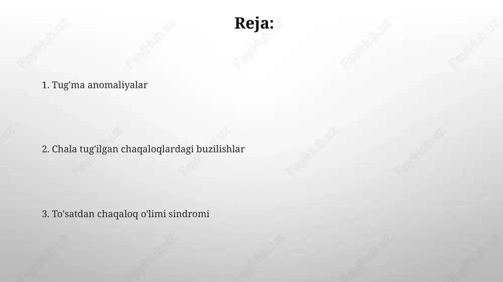 r ichak teshilgan bo'lsa, kiradi. to'satdan chaqaloq o'limi sindromi (sids): sabablari va profilaktikasi sids ning sabablari to'liq aniqlanmagan, ammo genetik omillar, erta tug'ilish va 2-4 oylik davrda miya rivojlanishidagi nuqsonlar muhim rol o'ynashi mumkin. profilaktika uchun chaqaloqni orqa tomonida yotqizish, qattiq matrasdan foydalanish va chekish kabi xavf omillaridan qochish kerak; xavf 50% gacha kamayishi mumkin. sids xavfini kamaytirish bo'yicha tavsiyalar chaqaloqni har doim orqasida yotqizish kerak, yonbosh yoki qorin bilan emas, chunki bu sids xavfini taxminan 50% ga kamaytiradi, ayniqsa 6 oylikgacha bo'lgan bolalar uchun. qattiq, tekis yuzada uxlang, karavotda yumshoq narsalar, bo'shashgan choyshablar va o'yinchoqlardan saqlaning, chunki ular nafas olishni to'sib qo'yishi va sids xavfini oshirishi mumkin. e'tiboringiz uchun rahmat image3.png image4.jpg image5.jpg image6.jpg image7.jpg image8.jpg image9.jpg image1.png