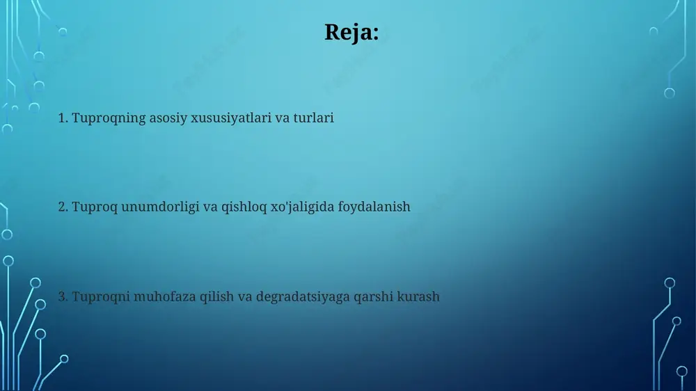 , ayniqsa, erta bahorda 15-20% ko'proq namlikni saqlab qolish uchun daraxtlar ekish orqali shamol eroziyasini kamaytirishda. tuproq melioratsiyasining bir turi sho'rlangan tuproqlarni yuvishdir, bunda 1 gektar maydonga 500-1000 m3 suv berilib, tuproqdagi ortiqcha tuzlar chiqariladi va unumdorlik oshiriladi. o'zbekiston tuproqlari o'zbekiston tuproqlari tarkibida organik moddalar miqdori kamligi bilan ajralib turadi, ko'pchilik qishloq xo'jaligi maydonlarida gumus miqdori 1-2% dan oshmaydi, bu esa unumdorlikni cheklaydi. respublikamiz hududida sug'oriladigan yerlarning katta qismi sho'rlangan bo'lib, bu tuproqlarning 50% dan ortig'ini tashkil etadi va qishloq xo'jaligi ekinlarining hosildorligiga salbiy ta'sir ko'rsatadi. tuproqni o'rganish usullari va xaritalari tuproqni o'rganishda 'chuqur qazish' usuli qo'llaniladi, bu 1-3 metrgacha chuqurlikda tuproq qatlamlarini ko'rish va morfologik xususiyatlarini baholash imkonini beradi. tuproq xaritalari turli masshtablarda tuziladi, masalan, 1:10000 dan 1:1000000 gacha, tuproq turlarini, tarqalishini va unumdorlik darajasini aks ettiradi. e'tiboringiz uchun rahmat image3.jpg image4.jpg image5.jpg image6.jpg image7.jpg image8.jpg image9.jpg image2.png