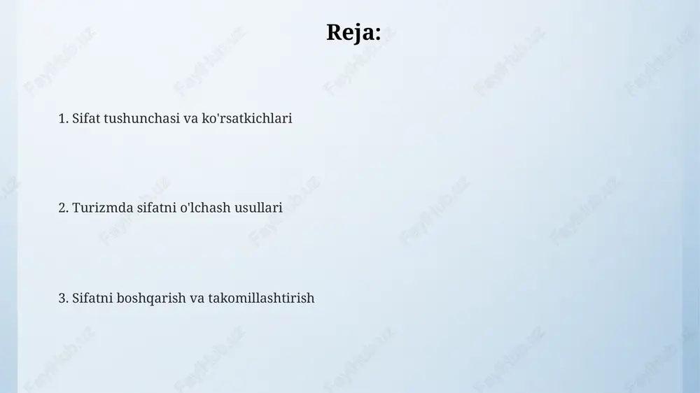 hmuomalaligi va bilimdonligini qo'shadilar. xizmat ko'rsatish sifatini oshirish uchun xodimlarni o'qitish dasturlari joriy etish kerak, bunda muloqot, muammolarni hal qilish kabi 8 ta asosiy ko'nikmalar rivojlantiriladi. xodimlar o'rtasida o'zaro hurmat va hamkorlikni mustahkamlash, shu jumladan 360 darajali baholash usullarini qo'llash, xizmat sifatini 15% ga oshirishi mumkin. texnologiyaning sifatga ta'siri vr texnologiyalari orqali turistik joylarga virtual sayohatlar tashkil etish imkoniyati mijozlarning tanlov qilish jarayonini osonlashtiradi va xizmat sifati bahosini 20% ga oshiradi. texnologiya orqali onlayn bron qilish tizimlari 24/7 xizmat ko'rsatishni ta'minlab, mijozlarga qulaylik yaratadi va xizmat sifatini oshiradi, natijada daromad 15% ga ortishi mumkin. sun'iy intellektga asoslangan chatbotlar orqali mijozlarga tezkor javob berish xizmati sifatni yaxshilaydi va mijozlarning qoniqish darajasini 30% ga ko'tarishga yordam beradi. barqaror turizm va sifat o'rtasidagi bog'liqlik iso 14001 kabi sifat standartlari barqaror turizmda muhim rol o'ynaydi, bu turizm korxonalarining atrof-muhitga ta'sirini kamaytirishga va 25% gacha energiya samaradorligini oshirishga yordam beradi. barqaror turizm sifatli tajribalarni yaratish …