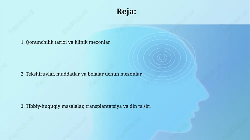 ish huquqi, ayniqsa, miya o'limi tashxisi qo'yilganda va a'zolarni transplantatsiya qilish masalasi ko'rilganda, qonuniy vakilning roziligi bilan amalga oshiriladi. organ transplantatsiyasi va xodimlar malakasi organ transplantatsiyasi uchun xodimlar transplantatsiya jarayonlarining barcha bosqichlarida ishtirok etish uchun maxsus treningdan o'tishi va sertifikatga ega bo'lishi kerak. bu malaka donorlarni baholashni o'z ichiga oladi. organ transplantatsiyasi bo'yicha qonunlar, odatda, organ transplantatsiyasi muvaffaqiyatli amalga oshirilishi uchun zarur bo'lgan tibbiy xodimlarning aniq malakalarini, shu jumladan, tajriba talablarini belgilaydi. diniy va madaniy ta'sirlar, kelishmovchiliklarni hal qilish ko'pgina dinlar (masalan, islom, xristianlik) hayotning muqaddasligini ta'kidlaydi, shuning uchun miya o'limi mezonlariga nisbatan qarshilik 1990-yillardan beri davom etmoqda, bu qarorlar xususida kelishmovchiliklarni keltirib chiqaradi. brain death diagnostikasi bo'yicha kelishmovchiliklar tibbiyot xodimlari, oila a'zolari va huquqshunoslar o'rtasida yuzaga kelishi mumkin; 3 kishidan iborat mustaqil tibbiy komissiya manfaatlar to'qnashuvining oldini olishda muhim rol o'ynaydi. xalqaro hamkorlik va qonunchilikdagi o'zgarishlar xalqaro hamkorlik 2000-yildan beri miya o'limi mezonlarini standartlashtirishga qaratilgan, bu esa transmilliy organ …