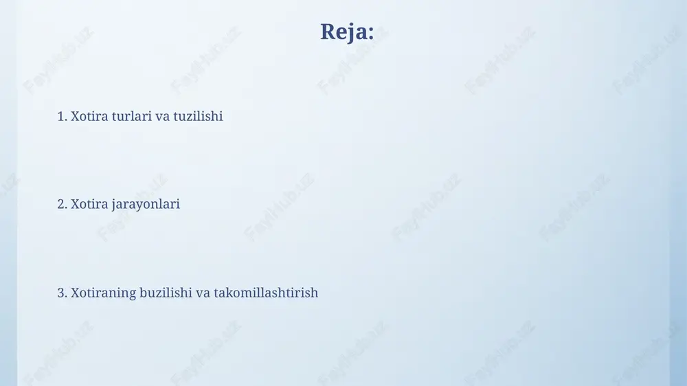 undan ortiq elementni ketma-ket eslashga yordam beradi. interval bilan takrorlash - bu axborotni eslab qolish uchun eng samarali usullardan biri bo'lib, materialni asta-sekin, vaqt oralig'ida takrorlashni o'z ichiga oladi. taxminan 5-7 marta takrorlash optimaldir. xotiraning biologik asoslari miya tuzilmalaridan gipokampus yangi deklarativ xotiralarni shakllantirishda muhim rol o'ynaydi; u 10-20 daqiqa davomida ma'lumotni saqlaydi va uzoq muddatli xotiraga o'tkazishga yordam beradi. neyronlar xotira jarayonlarining asosidir; ular sinapslar orqali aloqa qiladi, bu aloqalar sinaptik plastisite tufayli kuchayishi (ltp) yoki zaiflashishi (ltd) mumkin, xotirani shakllantirish uchun juda muhimdir. xotira kasalliklari alzheimer kasalligi xotira kasalliklarining eng keng tarqalgan turi bo'lib, miya hujayralarining asta-sekin yo'qolishi bilan bog'liq bo'lib, kognitiv funktsiyalarning progressiv pasayishiga olib keladi. amnesiya - bu xotirani yo'qotish, u shikastlanish, kasallik yoki psixologik travma natijasida yuzaga kelishi mumkin. anterograd amneziya yangi xotiralarni shakllantirish qobiliyatini yo'qotishni o'z ichiga oladi. e'tiboringiz uchun rahmat image4.png image5.jpg image6.jpg image7.jpg image8.jpg image9.jpg image10.jpg image11.jpg image1.jpeg