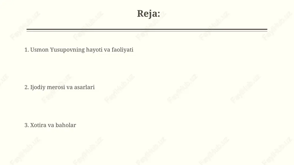 shloq xo'jaligi sohasidagi 1930-yillardagi islohotlarni aks ettiradi. tanqidiy baholar va shaxsiy hayoti usmon yusupovning shaxsiy hayoti doimiy nazorat ostida edi, uning 1938-yildagi rafiqasi bilan nikohi davlat siyosati ta'sirida bo'lganligi taxmin qilinadi. uning boshqaruv uslubi ba'zan avtoritar deb tanqid qilingan, ayniqsa, 1950-yillarda qishloq xo'jaligini rivojlantirish bo'yicha qabul qilingan qat'iy choralar ko'plab noroziliklarga sabab bo'lgan. e'tiboringiz uchun rahmat image2.jpg image3.jpg image4.jpg image5.jpg image6.jpg image7.jpg