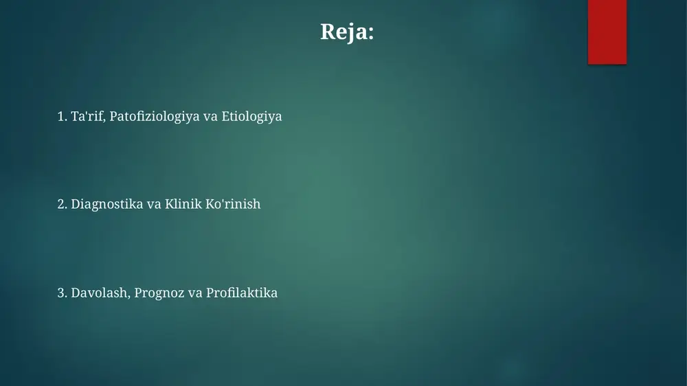 riologik tekshirish (10^5 cfu/ml dan ortiq) muhim, shuningdek qonni bakteriologik tekshirish ham o'tkaziladi. davolash davolashda empirik antibiotiklar terapiyasi muhim, ko'pincha keng spektrli preparatlar, masalan, seftriakson 1-2 grammdan har 24 soatda, bemorning ahvoliga qarab qo'llaniladi. suyuqlik bilan reanimatsiya davolashning muhim qismidir, kristalloidlar bilan 0,9% li natriy xlorid eritmasi yoki ringer laktati 30 ml/kg tezlikda qon bosimini normallashtirish uchun infuziya qilinadi. siydik yo'llarining obstruksiyasi bo'lsa, kateterizatsiya yoki nefrostomiya drenaji zarur bo'lishi mumkin, ayniqsa, siydik pufagining to'liq bo'shashi buyrak faoliyatini tiklashga yordam beradi. prognoz va asoratlar urosepsis asoratlari orasida o'tkir buyrak yetishmovchiligi eng keng tarqalgan bo'lib, bemorlarning 10-20 foizida uchraydi va dializga ehtiyoj sezilishi mumkin; bu tiklanishni murakkablashtiradi. o'z vaqtida davolash bilan urosepsisning prognozi nisbatan yaxshi, ammo kechikish o'lim darajasini 30-40 foizgacha oshirishi mumkin, ayniqsa keksa bemorlarda yoki qo'shimcha kasalliklari bo'lganlarda. septik shok, urosepsisning jiddiy asorati, qon bosimining keskin pasayishiga olib keladi, bu esa o'z navbatida organlarning yetishmovchiligiga va taxminan 25-50 foiz o'lim …