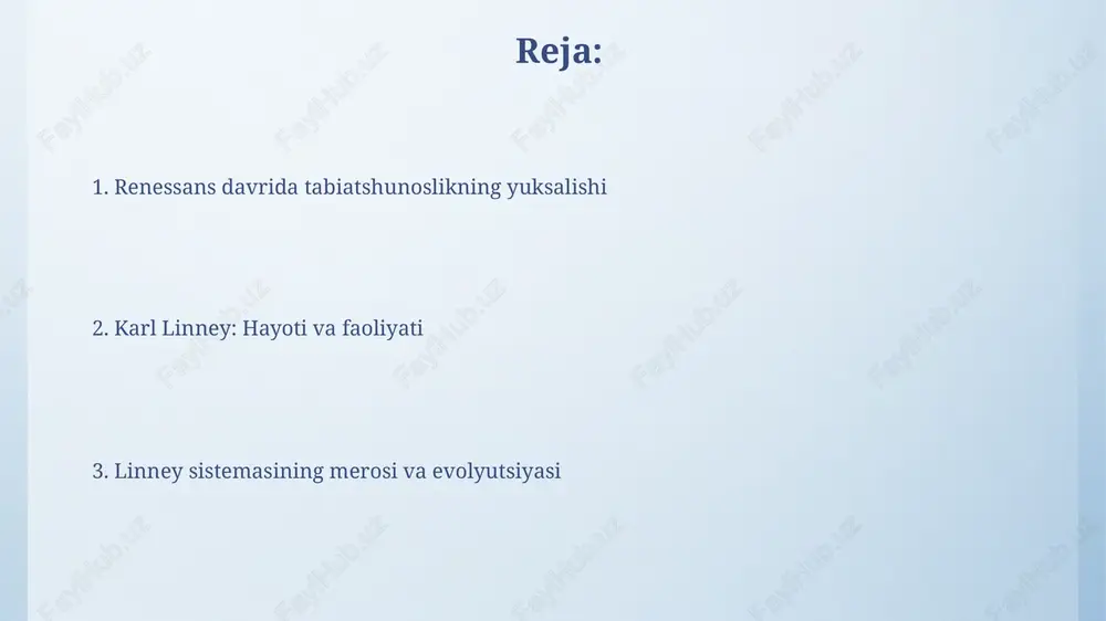 vetsiyada tug'ilgan va tibbiyot sohasida tahsil olgan, ammo uning qiziqishi botanika tarafga o'zgargan. uning 1735-yilda nashr etilgan "systema naturae" asari unga katta shuhrat keltirdi. linney 1741-yilda uppsala universitetining tibbiyot professori etib tayinlandi. u yerda o'z shogirdlarini tabiiy dunyoni o'rganishga undadi va ular bilan birgalikda shvetsiya bo'ylab ilmiy ekspeditsiyalarni tashkil qildi. linney sistemasining asosiy tamoyillari linney sistemasining asosi – taksonomik ierarxiya boʻlib, organizmlar 7 ta asosiy guruhga: qirollik, turkum, sinf, tartib, oila, jins va turga 100% ajratiladi. linneyning asosiy tamoyillaridan biri binomial nomenklatura edi, har bir turga ikkita lotincha nom beriladi: jins nomi va tur epiteti, bu 50% aniqlik bilan dunyo miqyosida qabul qilindi. binomial nomenklatura: nomlashning ikki qismli tizimi binomial nomenklatura har bir turga noyob ikki qismli nom beradi: birinchi qismi jinsni (masalan, *homo*), ikkinchi qismi esa turni (*sapiens*) bildiradi. ushbu tizim xvii asrdan oldingi ko'p so'zli, noaniq nomlardan farqli ravishda, biologik turlarni aniq va universal identifikatsiyalashni ta'minlaydi. taksonomik ierarxiya: …