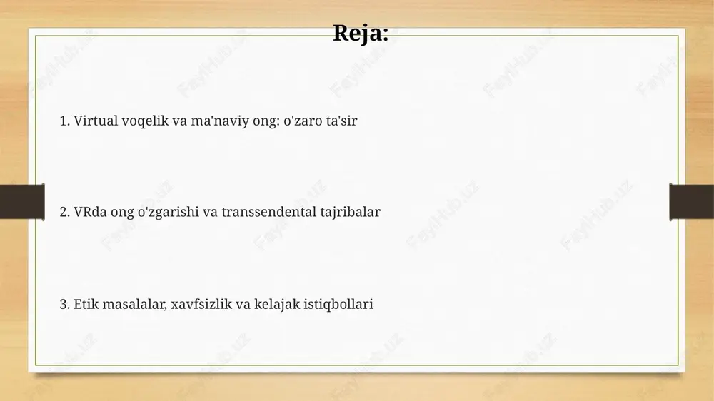ytiradi va alfa to'lqinlarini oshiradi, bu esa 20 daqiqa ichida chuqur dam olish holatini yaratadi. vrda empatiya va hamdardlikni kuchaytirish vrda 360 darajali immersiv videolarda boshqa odamlarning tajribalarini boshdan kechirish empatiyani oshirishi mumkin, ayniqsa, ular kamsitishga uchragan bo'lsa. virtual simulyatsiyalar imkoniyati bilan empatiya va hamdardlikni kuchaytirishning 75% darajasi ortishi kuzatilgan, bu ijtimoiy ko'nikmalarni rivojlantirishga yordam beradi. vrda autizm spektri buzilishi bo'lgan bolalar uchun ijtimoiy o'zaro ta'sir ko'nikmalarini rivojlantirishda 80% muvaffaqiyat ko'rsatkichlari, empatiyani shakllantirishga yordam beradi. vr orqali transsendental tajribalar ba'zi vr ilovalari foydalanuvchilarga avatarlar bilan ilohiy mavjudotlar yoki ruhlar bilan muloqot qilish imkoniyatini beradi, bu esa ruhiy o'zgarishlarga 25% gacha olib kelishi mumkin. vr orqali transsendental tajribalar meditatsiya uchun 360 gradusli immersiv muhit yaratishi mumkin, bu esa ichki tinchlikni 70% ga oshiradi va xotirjamlik hissini kuchaytiradi. vr simulyatsiyalari kosmosga sayohat yoki qadimiy tsivilizatsiyalarga tashrif buyurish kabi tajribalarni taklif qilib, insoniyatning o'zligi va dunyoqarashini 40% ga kengaytirishi mumkin. etik masalalar va …