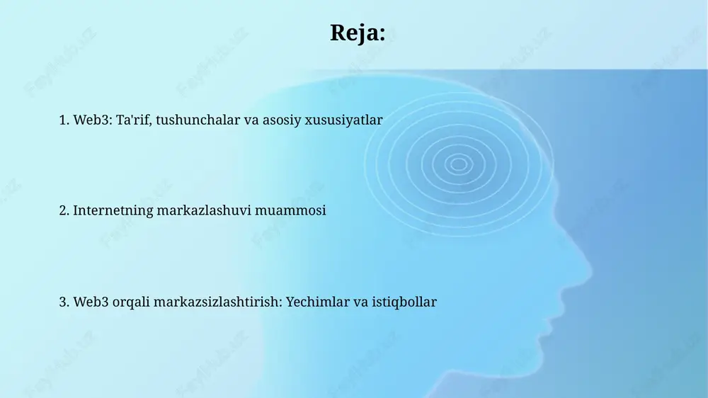 a 51% hujumini oldini oladi, chunki yagona nuqta ishdan chiqishi xavfi kamayadi. blokcheyn texnologiyasida markazsizlashtirish 10,000 dan ortiq nodlarda ma'lumotlarni saqlash orqali xavfsizlikni oshiradi va sensorga chidamliligini kafolatlaydi, bu esa 99,99% ish vaqtini ta'minlaydi. kriptovalyutalar va tokenlar web3 da web3 da kriptovalyutalar to'lovlarni, boshqaruvni va o'zaro ta'sirlarni ta'minlaydi, ko'pincha ethereum kabi blokcheynlarda ishlaydi. masalan, 100 ta loyihadan ko'prog'i tokenlardan foydalanadi. almashinadigan tokenlar (masalan, erc-20) raqamli aktivlarni ifodalaydi, noyob tokenlar (masalan, nftlar) esa 721 standartda san'at asarlariga egalikni ifodalaydi. aqlli kontraktlar: avtomatlashtirilgan kelishuvlar aqlli kontraktlar - bu oldindan belgilangan shartlar bajarilganda avtomatik ravishda bajariladigan dasturiy kodlar bo'lib, 100% shaffoflik va xavfsizlikni ta'minlaydi. ular blockchainda saqlanadi va kelishuvlarni avtomatlashtirish orqali uchinchi tomon vositachilariga bo'lgan ehtiyojni yo'q qiladi, shu bilan operatsiyalarni tezlashtiradi va xarajatlarni kamaytiradi. web3 arxitekturasi web3 arxitekturasi peer-to-peer (p2p) tarmoqlardan foydalanadi, bu yerda 1000lab kompyuterlar ma'lumotlarni markaziy serverga bog'lanmasdan to'g'ridan-to'g'ri almashadi. blokcheyn texnologiyasi web3 arxitekturasining asosiy qismidir, chunki u 100dan ortiq …