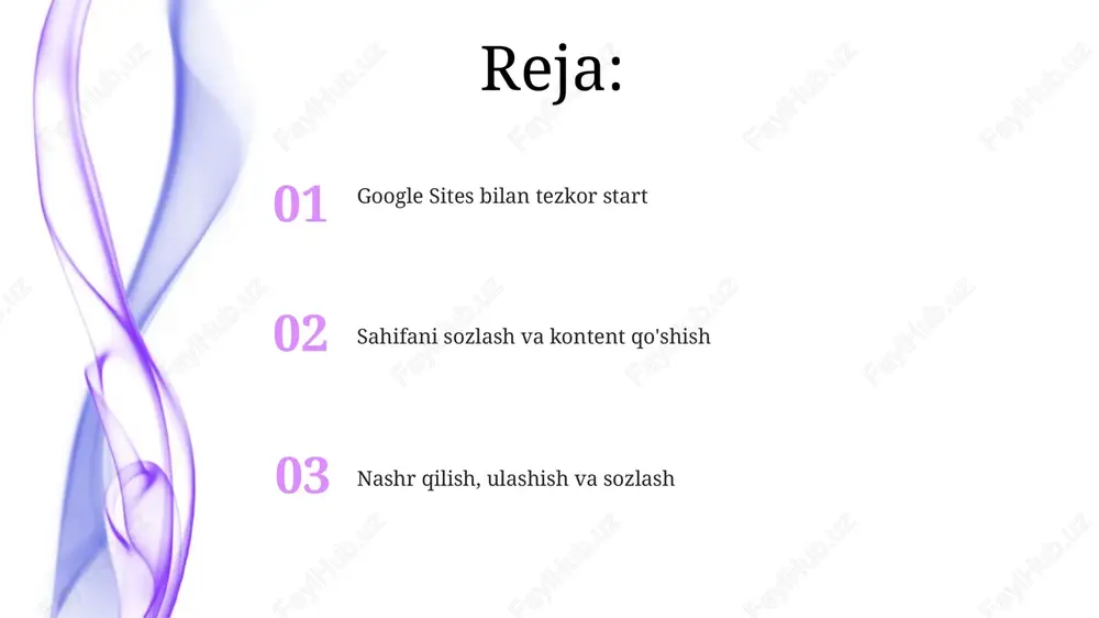 6x16 yoki 32x32 piksel oʻlchamli faviconni yuklash mumkin, bu esa brauzer oynasida saytning vizual identifikatorini yaratadi va brendingni yaxshilaydi. google sites-da navigatsiyani sozlash 3 darajagacha boʻlgan sahifa ierarxiyasini yaratish imkonini beradi, bu sayt tarkibini tartibga solish va foydalanuvchilar uchun qulaylikni oshiradi. nashr qilish, ulashish va hamkorlik saytni nashr qilgandan so'ng, sozlamalarda 'kim ko'rishi mumkin' variantini tanlang: 'hammaga' yoki 'muayyan odamlarga', bu saytning 100 nafargacha hammuallif bilan birgalikda tahrirlanishiga imkon beradi. nashr qilingan google saytingizni xususiy qilib qo'yish, uni faqat 10 ta elektron pochta manzillarini kiritib, ma'lum bir odamlar bilan baham ko'rishni anglatadi, shuningdek, ular ko'rib chiqishdan oldin ruxsat so'rashlari kerak. maslahatlar, fokuslar va muammolarni bartaraf etish seo optimallashtirish uchun sarlavha teglaridan (h1-h6) oqilona foydalaning. meta tavsiflarini har bir sahifaga qo'shing. rasmlarni optimallashtirish uchun ularning hajmini kamaytiring va alt matnidan foydalaning. google analytics 4 bilan bog'lanib, saytingiz trafikini kuzating. bu foydalanuvchilarning xatti-harakatlarini tushunishga va kontentni yaxshilashga yordam beradi. ma'lumotlar shifrlash uchun …